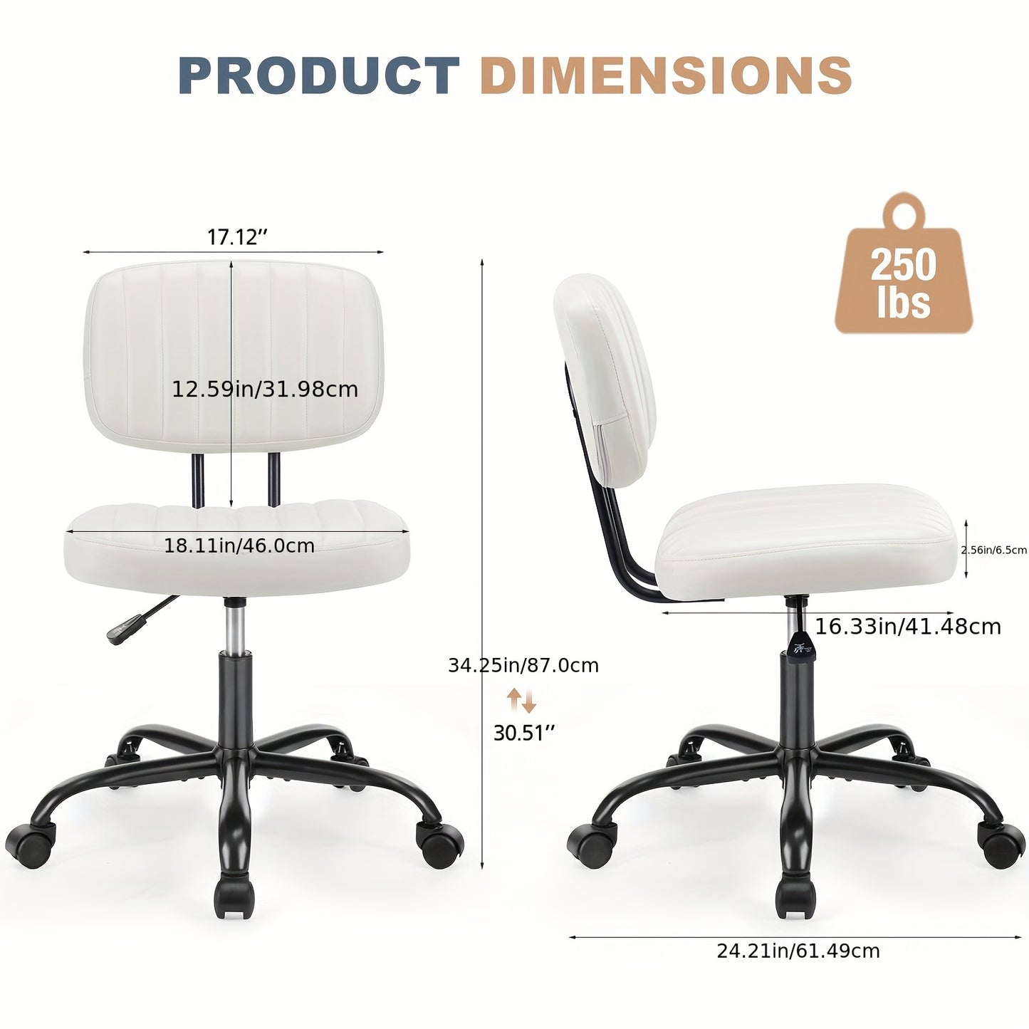 Edx Armless Home Office Chair Ergonomic Desk With Comfy Low Back Lumbar Support, Height Adjustable PU Leather Computer Task With 360° Swivel Wheels, For Small Space