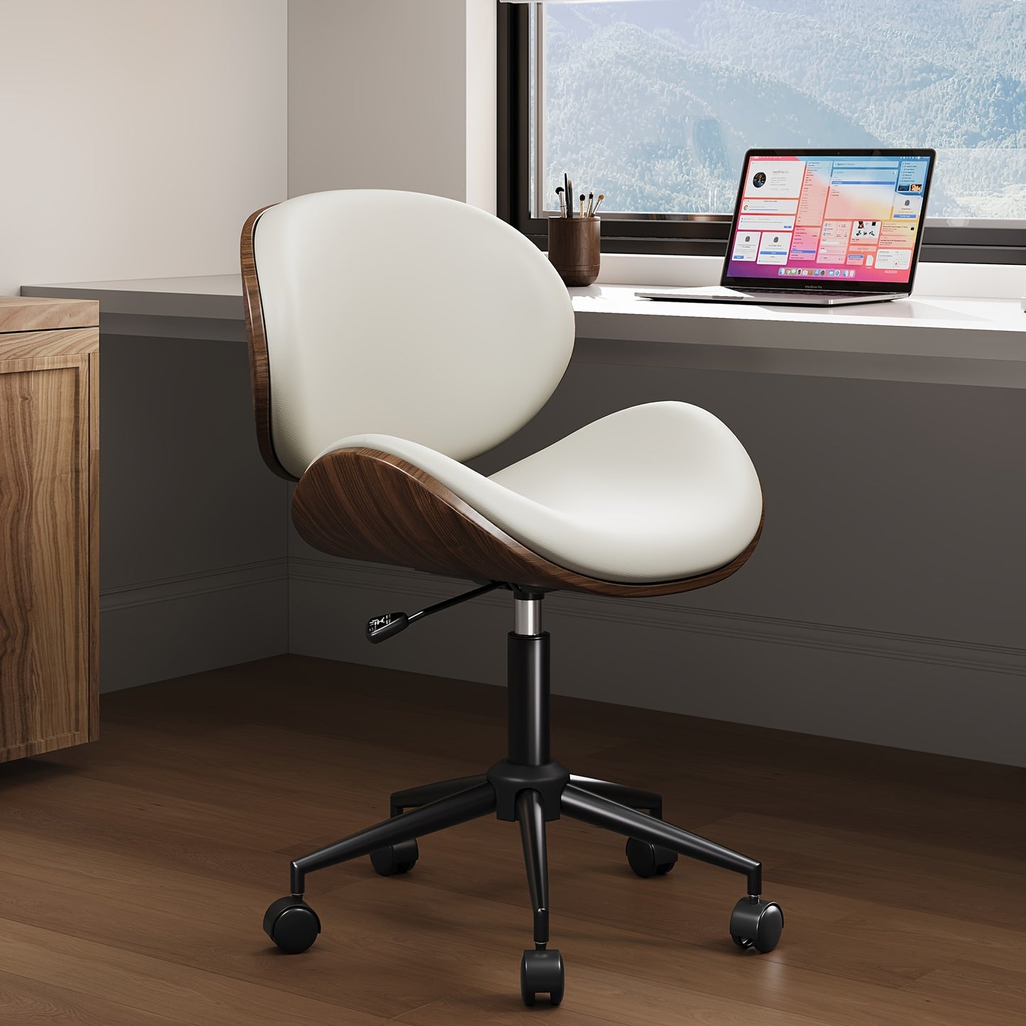 Ergonomic Home Office Desk Chair: Modern Mid-Century Armless Design With PU Leather, Bentwood, 360° Swivel Wheels, Adjustable Seat Height For Office, Study, Bedroom