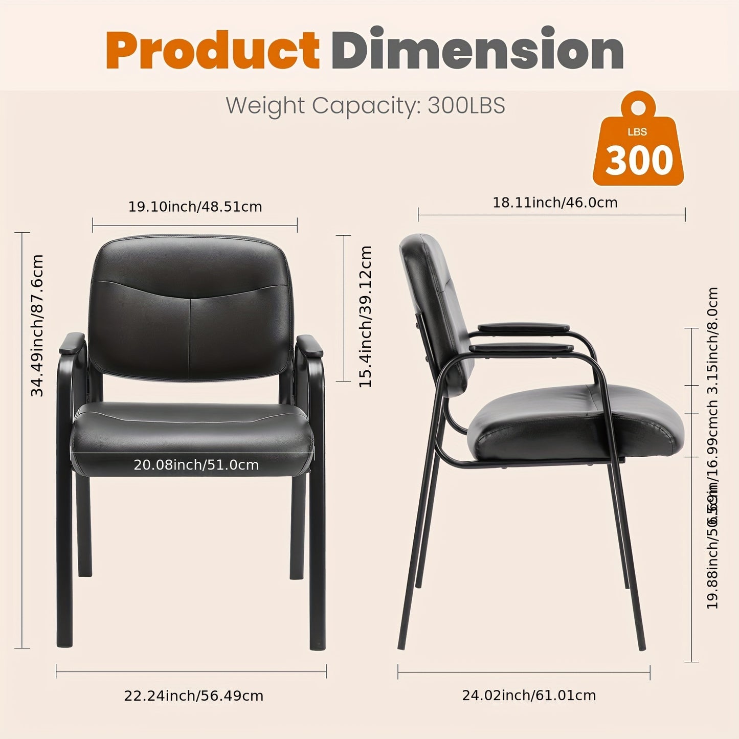 Office Guest Reception Chairs No Wheels, PU Leather Conference Waiting Room Chair Executive Lobby Chair with Padded Arms, Black