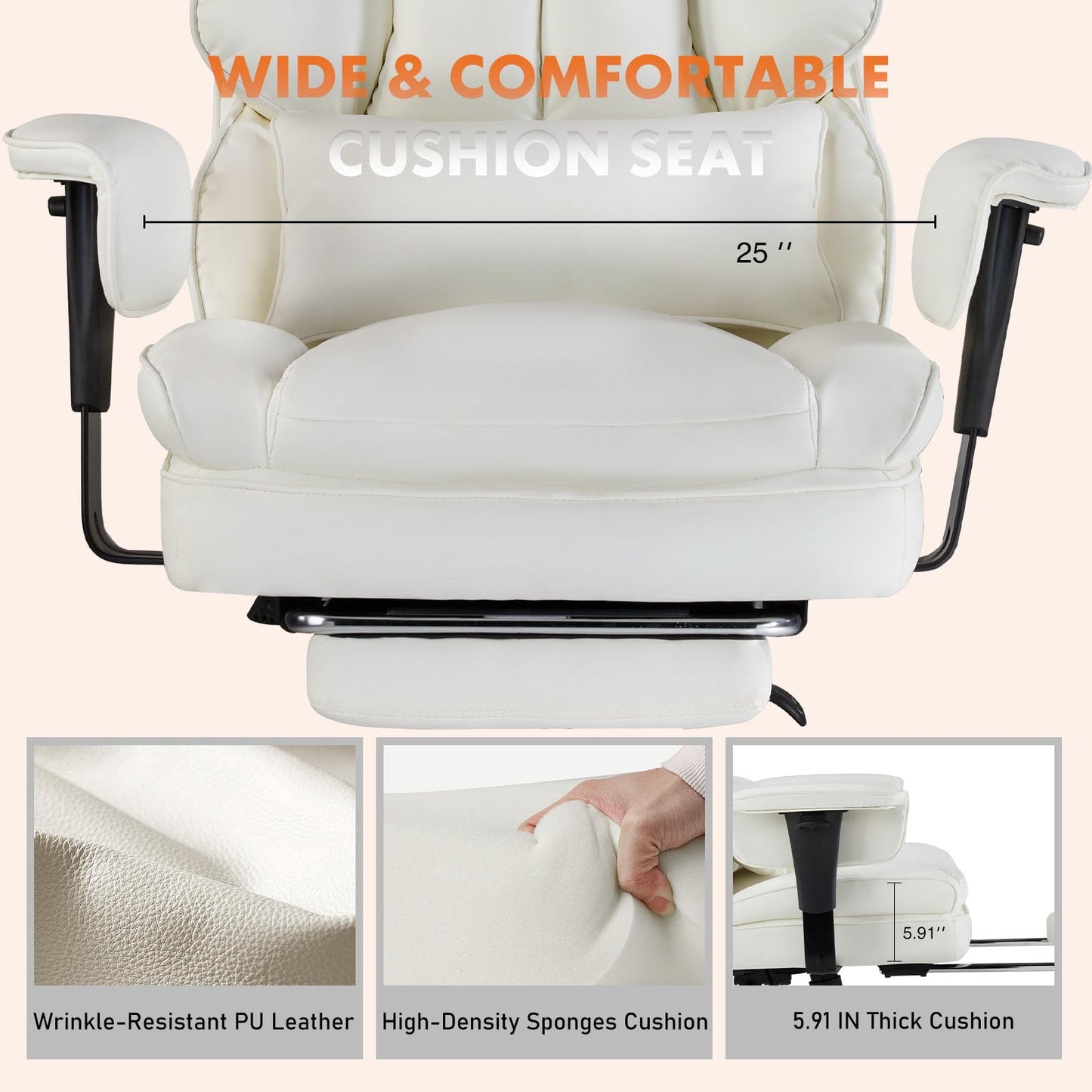 Home Office High Back Reclining Desk Chair with Footrest, Big and Tall Adjustable Height PU Leather Executive Computer Task Chair with Leg Rest and Lumbar Support, Armrest, White, Brown, Black