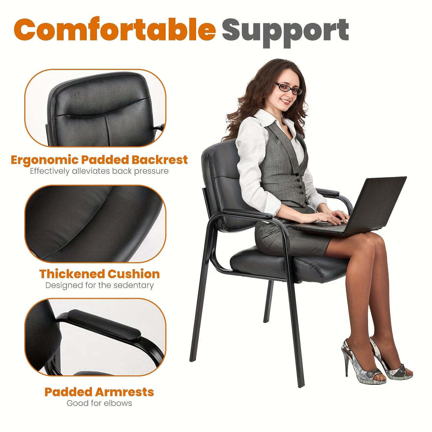 Office Guest Reception Chairs No Wheels, PU Leather Conference Waiting Room Chair Executive Lobby Chair with Padded Arms, Black