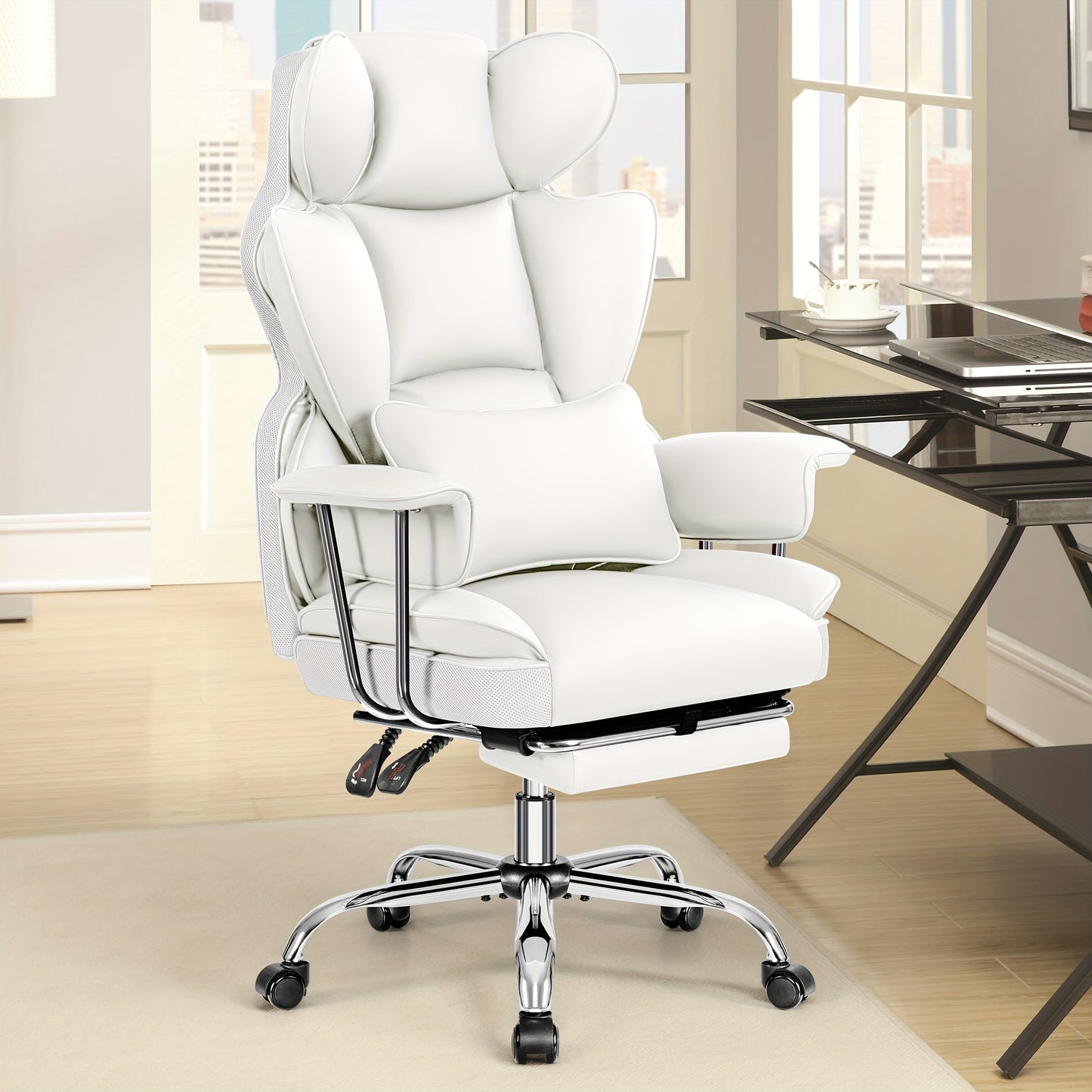 KERDOM Office Desk Chair, Big & Tall Executive Office Chair With Footrest, Beautiful PU Leather Computer Chair, Ergonomic Reclining Chair High Back With Lumbar Support, Large Home Office Chair With Pillow Soft White Leather Chair Christmas Gift Chair