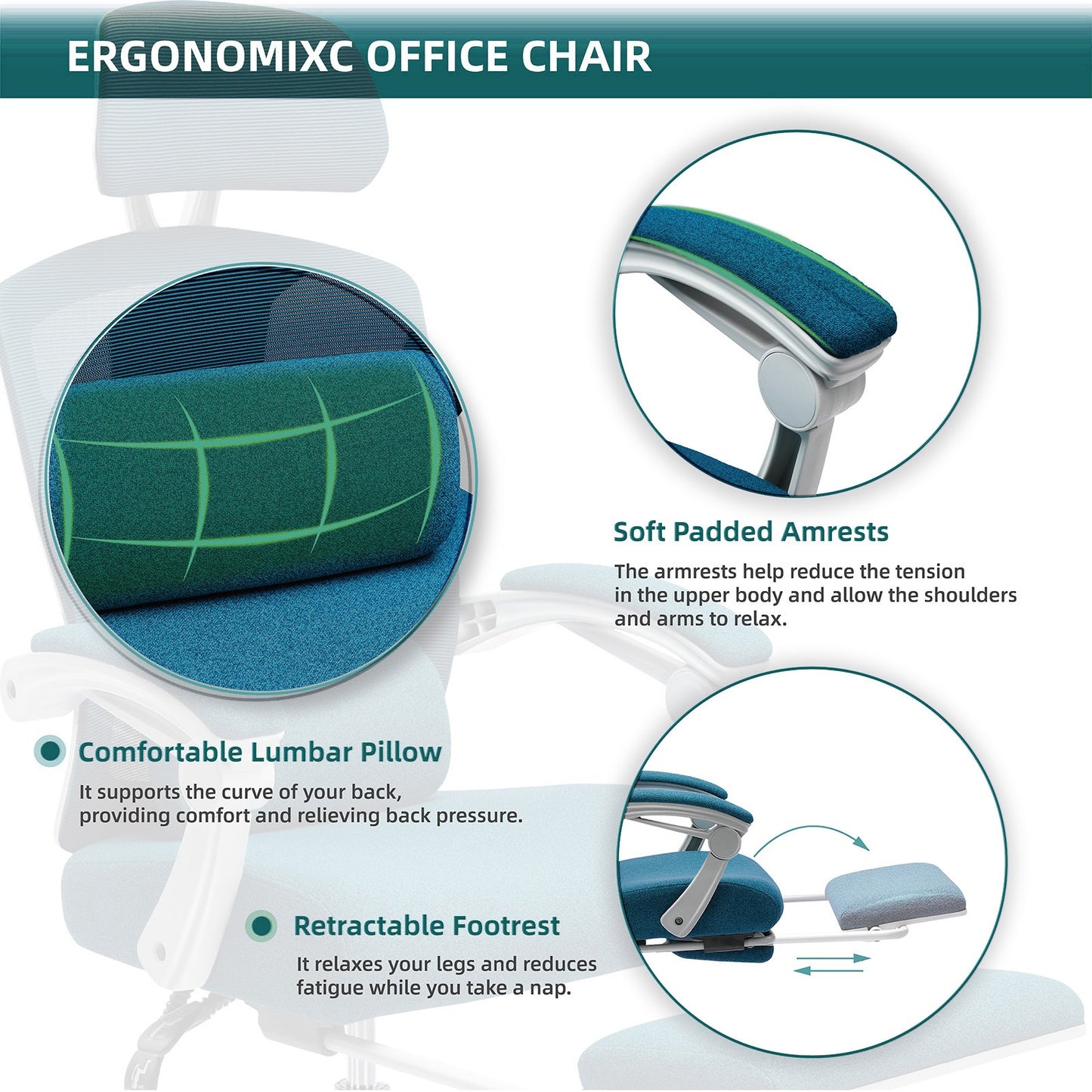 Home Office Desk Chair with Footrest and Headrest, High-Back Mesh Rolling Swivel Reclining Chairs with Wheels, Comfortable Headrest, Lumbar Support, Comfy Arms for Home, Office, Gaming, Student