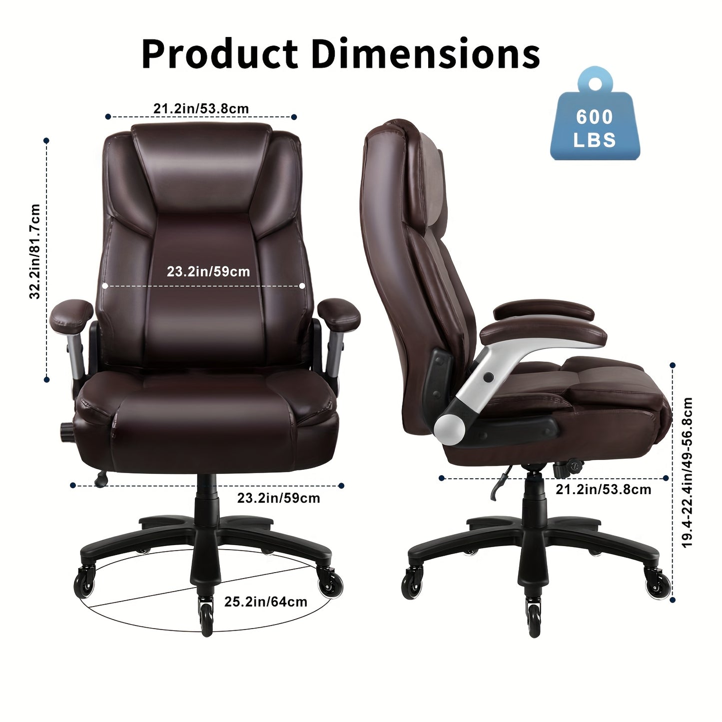 Big And Tall Office Chair 600lbs, Heavy Duty Executive Office Chair for Heavy People, Brown High Back Faux Leather Ergonomic Office Chair with Adjustable Armrests And Lumbar Support for Computer Desk Chair