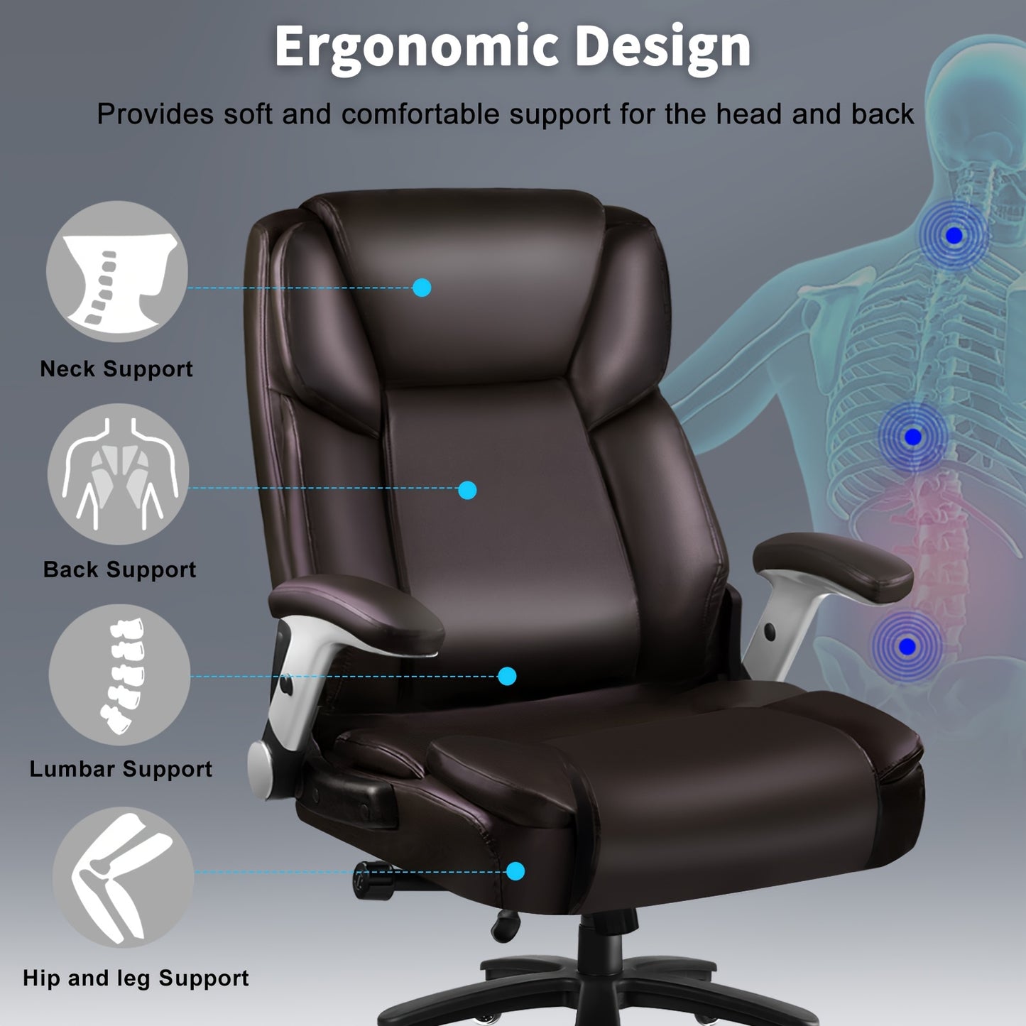 Big And Tall Office Chair 600lbs, Heavy Duty Executive Office Chair for Heavy People, Brown High Back Faux Leather Ergonomic Office Chair with Adjustable Armrests And Lumbar Support for Computer Desk Chair