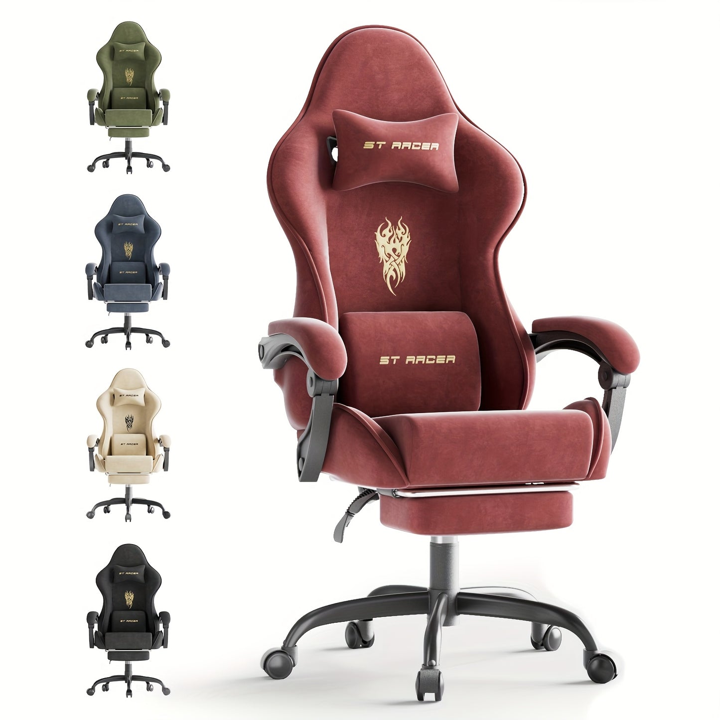 Velvet Fabric Gaming Chair, High Back Ergonomic Gamer Chair for Adult, Comfortable Video Game Chair with Footrest And Massage Lumbar Cushion