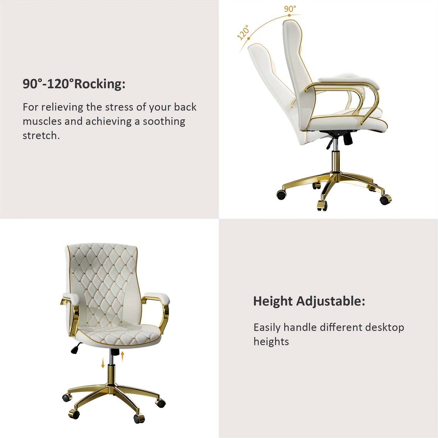 1pc Office Chair with Golden Frame, Soft PU Office Chair with Wheels And Padded Arms, Mid Back Executive Desk Chair, Swivel Vintage Desk Chair And Height Adjustable