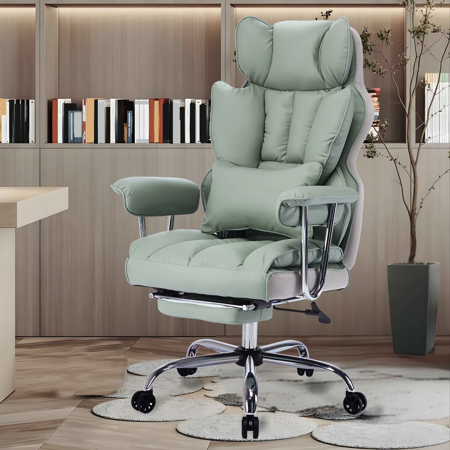 Efomao Desk Office Chair 400LBS, Big And Tall Office Chair, PU Leather Computer Chair, Executive Office Chair With Leg Rest And Lumbar Support