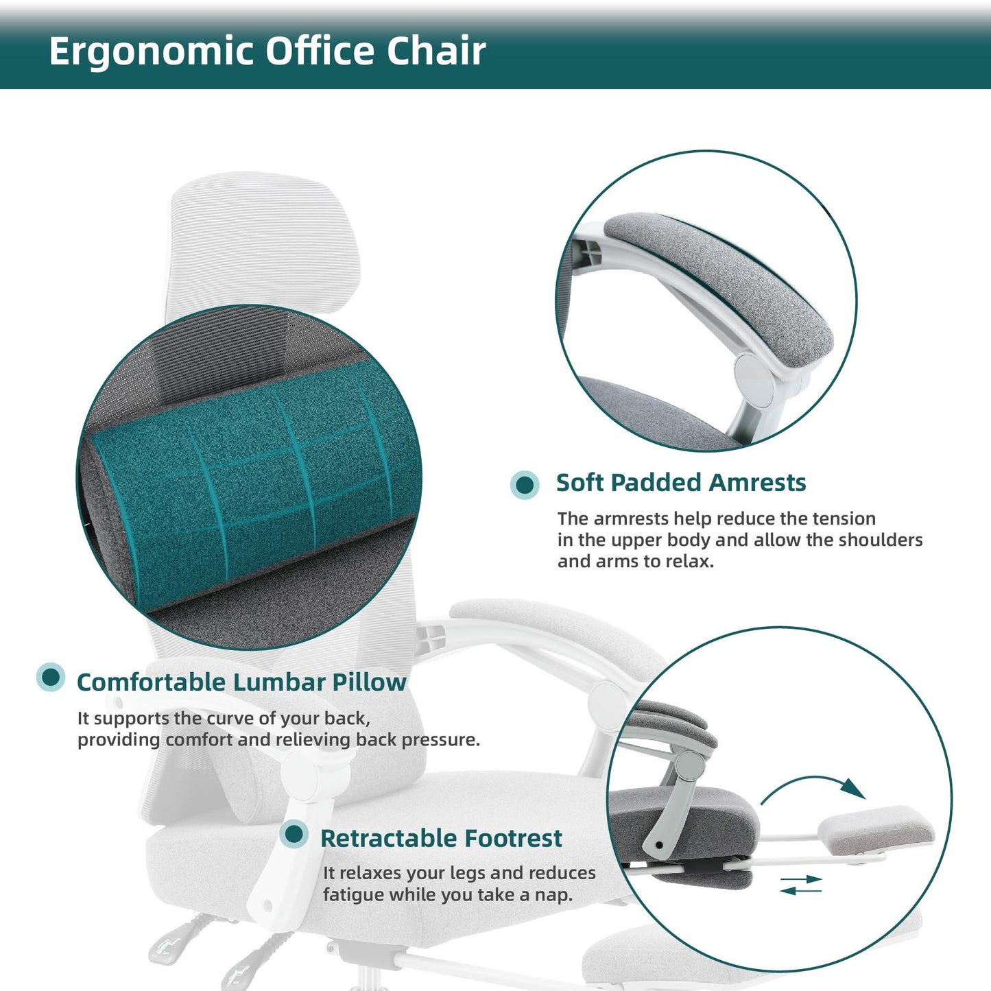 Home Office Desk Chair with Footrest and Headrest, High-Back Mesh Rolling Swivel Reclining Chairs with Wheels, Comfortable Headrest, Lumbar Support, Comfy Arms for Home, Office, Gaming, Student