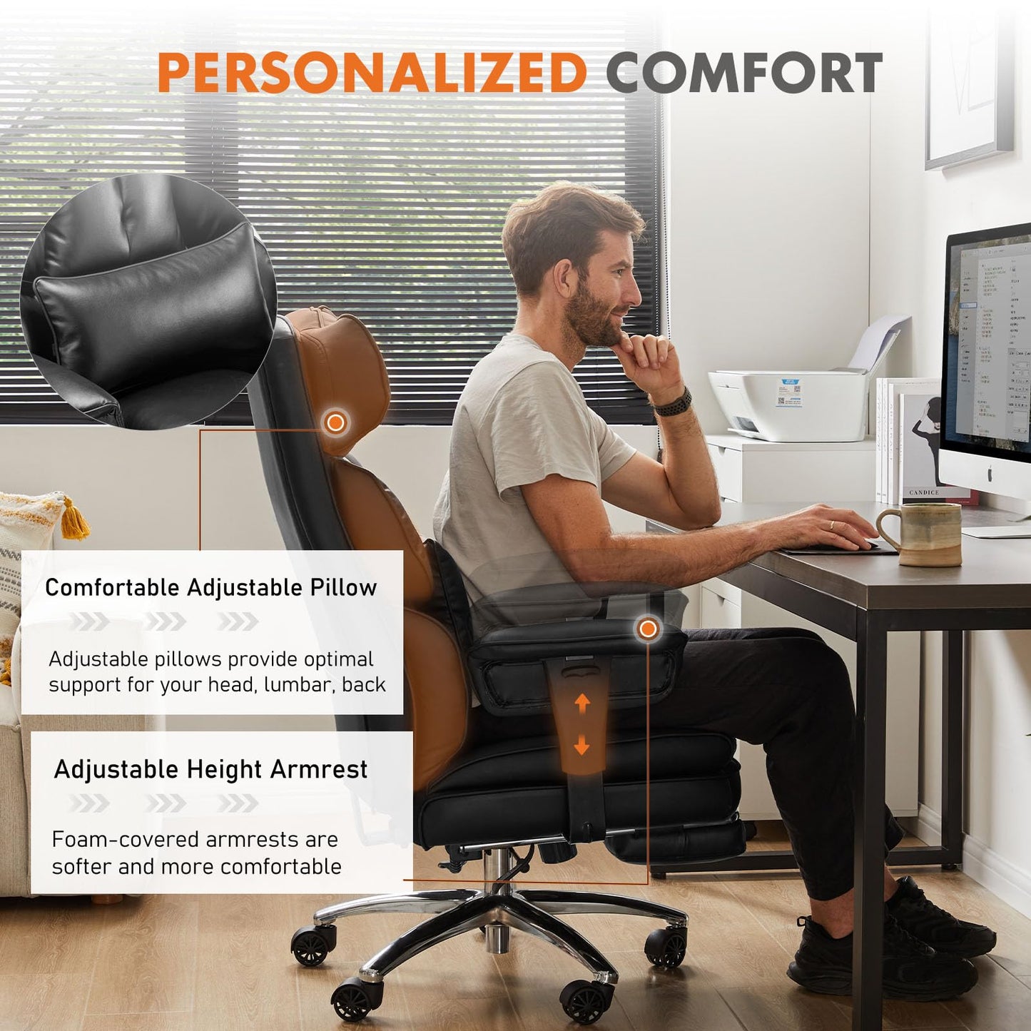 Home Office High Back Reclining Desk Chair with Footrest, Big and Tall Adjustable Height PU Leather Executive Computer Task Chair with Leg Rest and Lumbar Support, Armrest, White, Brown, Black