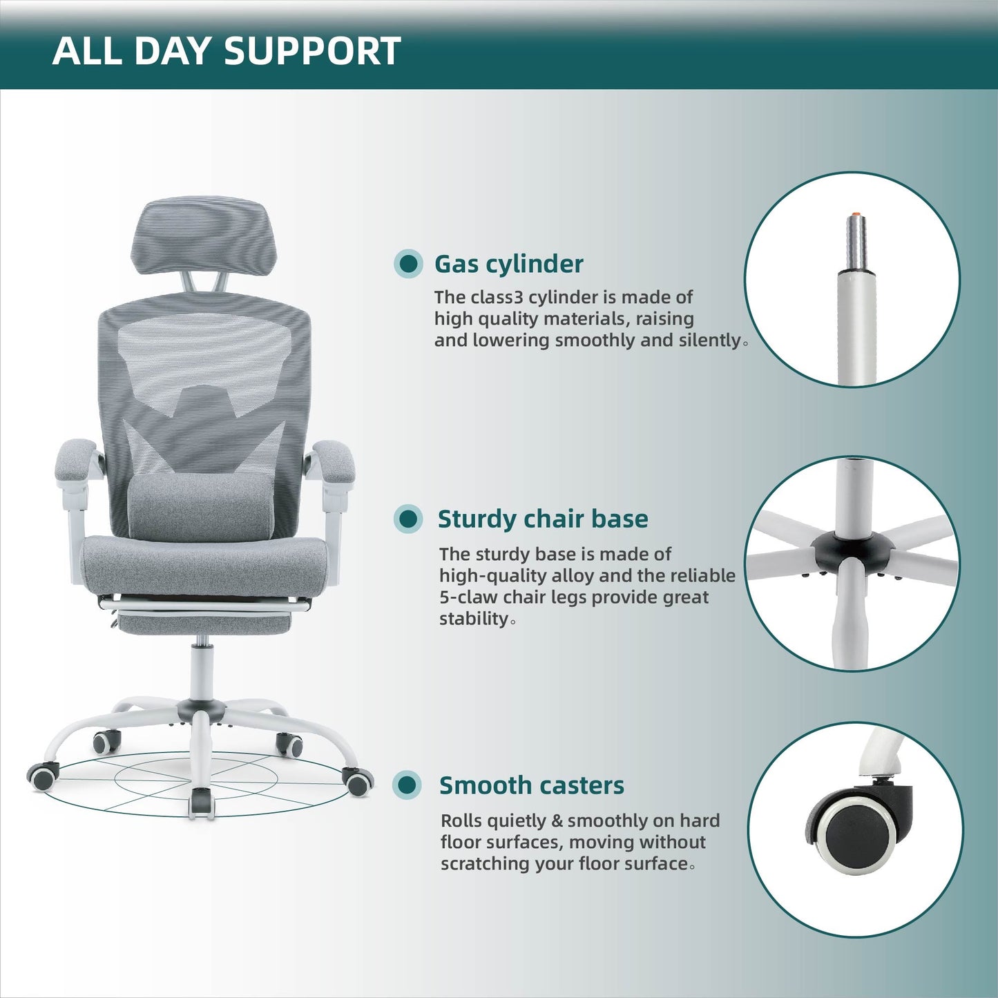 Home Office Desk Chair with Footrest and Headrest, High-Back Mesh Rolling Swivel Reclining Chairs with Wheels, Comfortable Headrest, Lumbar Support, Comfy Arms for Home, Office, Gaming, Student