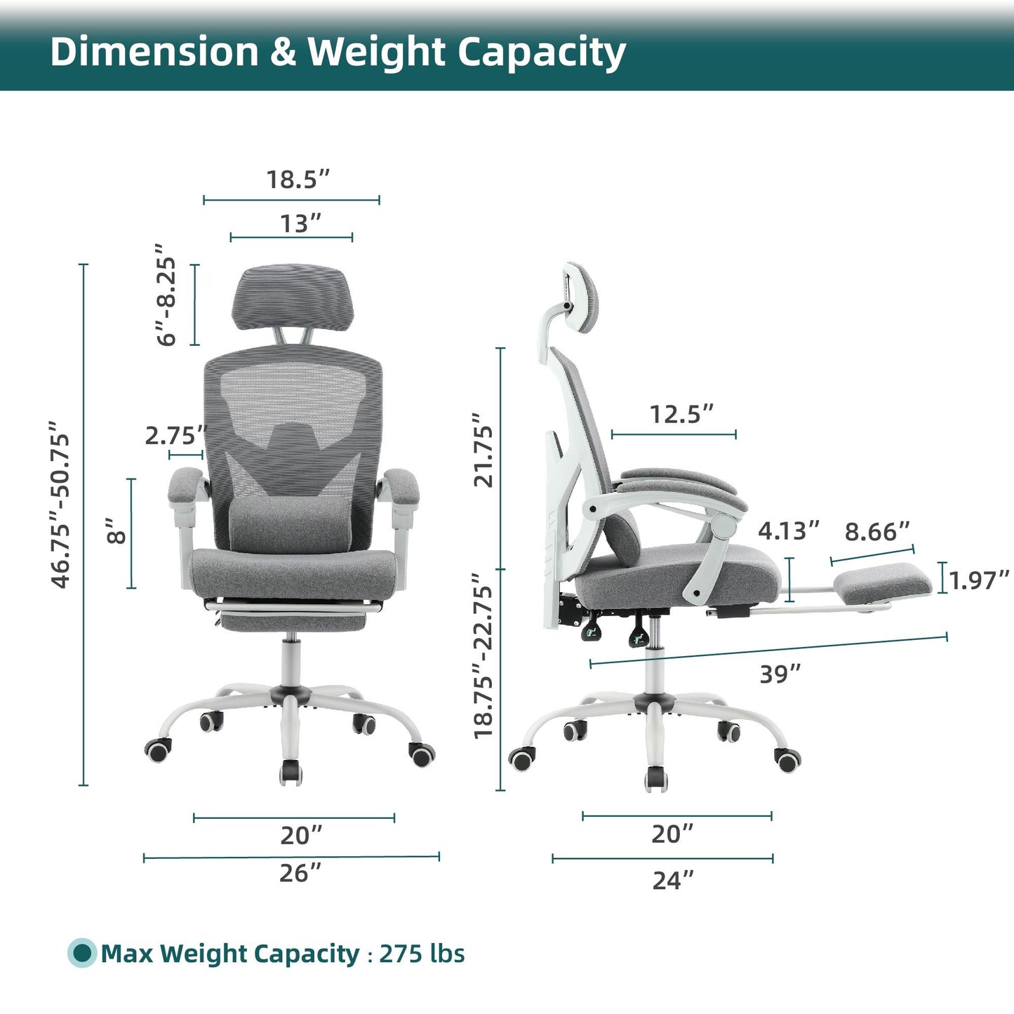 Home Office Desk Chair with Footrest and Headrest, High-Back Mesh Rolling Swivel Reclining Chairs with Wheels, Comfortable Headrest, Lumbar Support, Comfy Arms for Home, Office, Gaming, Student