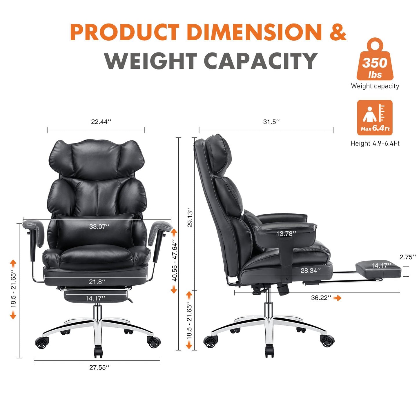 Home Office High Back Reclining Desk Chair with Footrest, Big and Tall Adjustable Height PU Leather Executive Computer Task Chair with Leg Rest and Lumbar Support, Armrest, White, Brown, Black