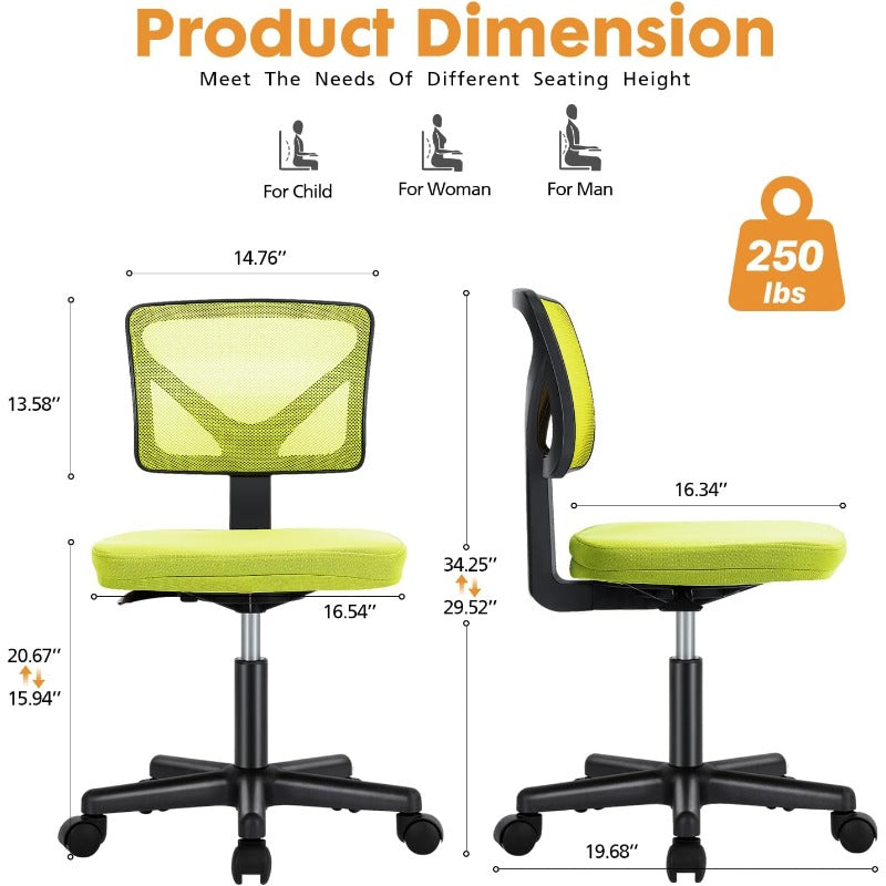 Office Computer Desk Chair Ergonomic LowBack Mesh Rolling Work Swivel Chairs with Wheels Armless Comfortable Seat Lumbar Support for Home Bedroom Study Student Adults Green