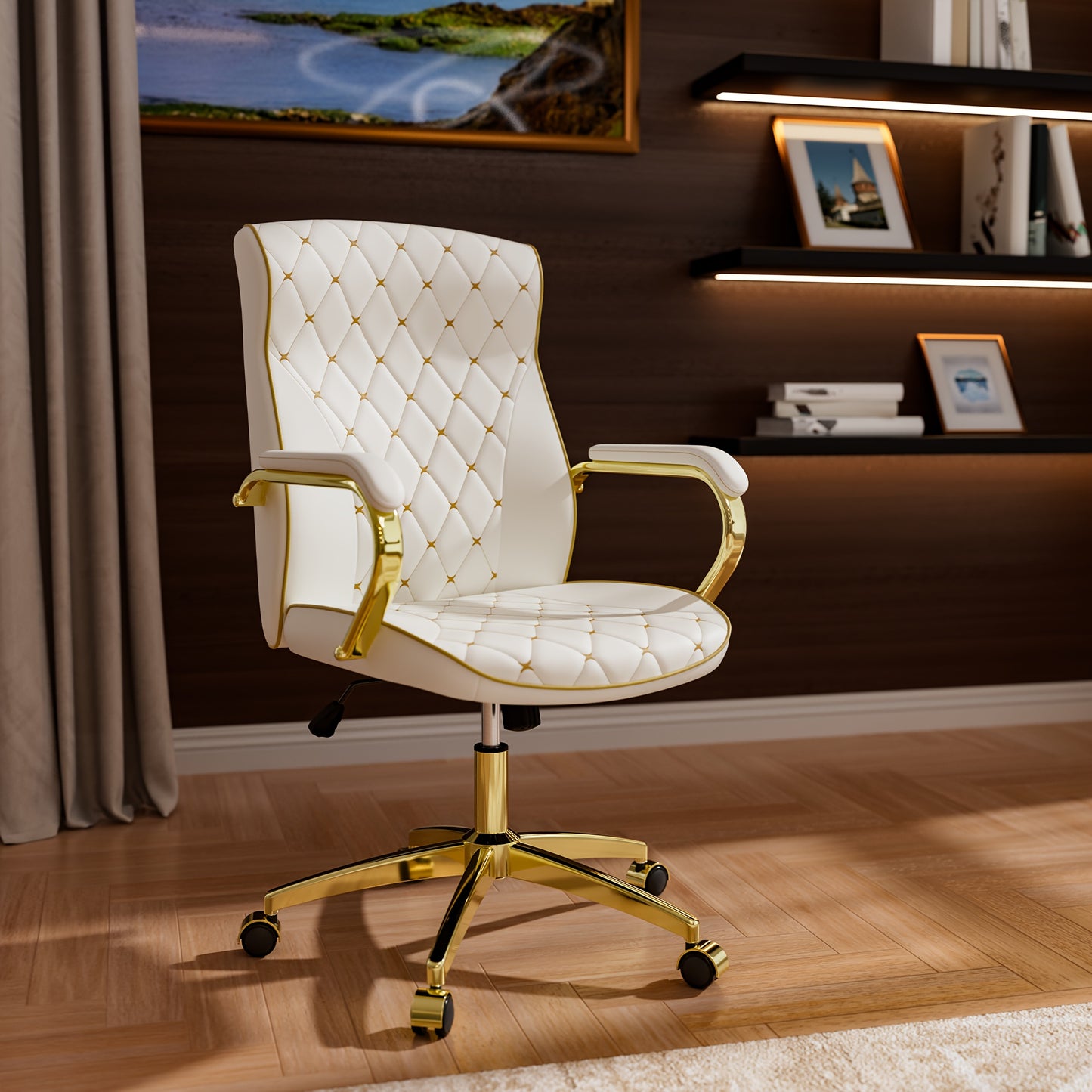 1pc Office Chair with Golden Frame, Soft PU Office Chair with Wheels And Padded Arms, Mid Back Executive Desk Chair, Swivel Vintage Desk Chair And Height Adjustable
