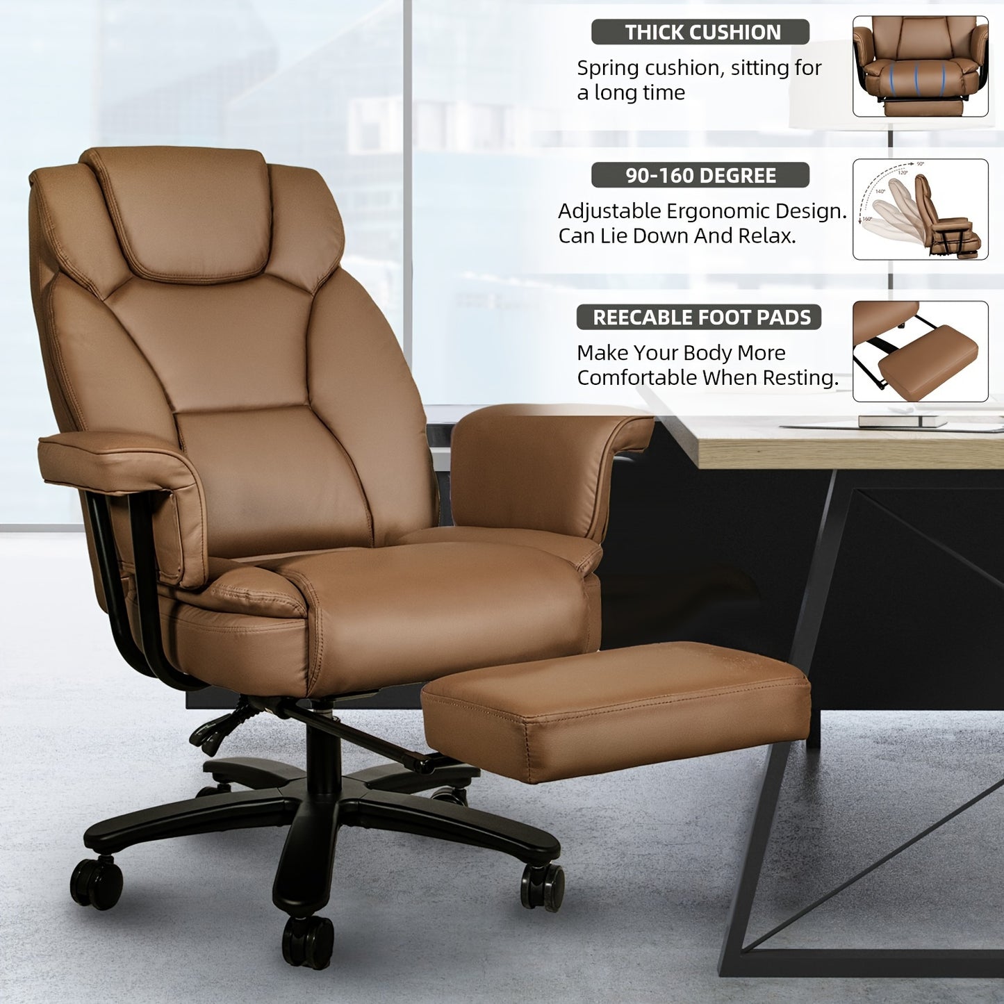 Big and Tall Office Chair 400LBS with Wide Seat and Arms, 160° Reclining Office Chair with Footrest, Comfortable Executive Office Desk Chair High Back, Computer Chair Home Office