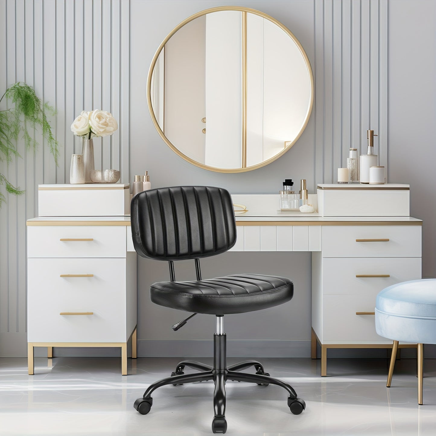 Edx Armless Home Office Chair Ergonomic Desk With Comfy Low Back Lumbar Support, Height Adjustable PU Leather Computer Task With 360° Swivel Wheels, For Small Space