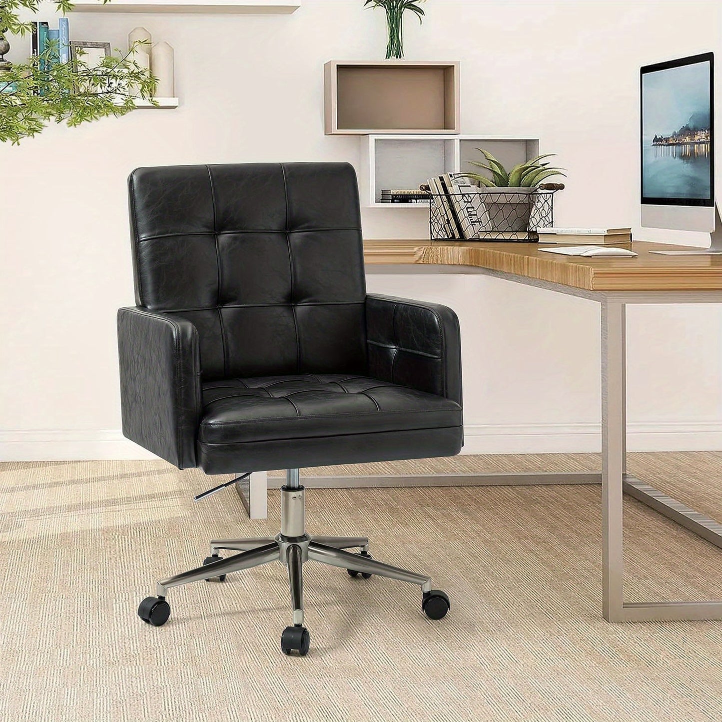 Office Chair with Mid Back Support & Armrests, Mid Century Modern Tufted Home Gaming Desk Chair, Height-Adjustable Swivel Computer Task Chair for Study Bedroom Living Room