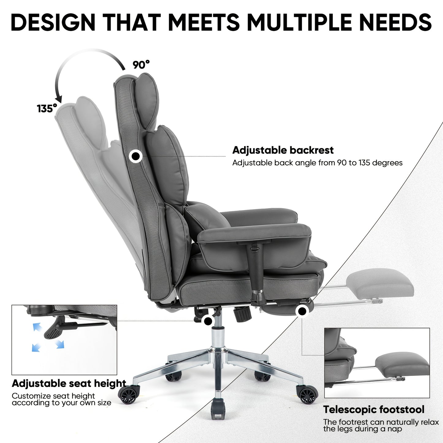 Ergonomic Big and Tall Office Chair, Reclining Gaming Chair with Thick Faux Leather Upholstery and Lumbar Support, Stainless Steel Frame, Rotating Mechanism for Hard Floors - Ideal for Home Office, Computer Desk Chair, Comfy
