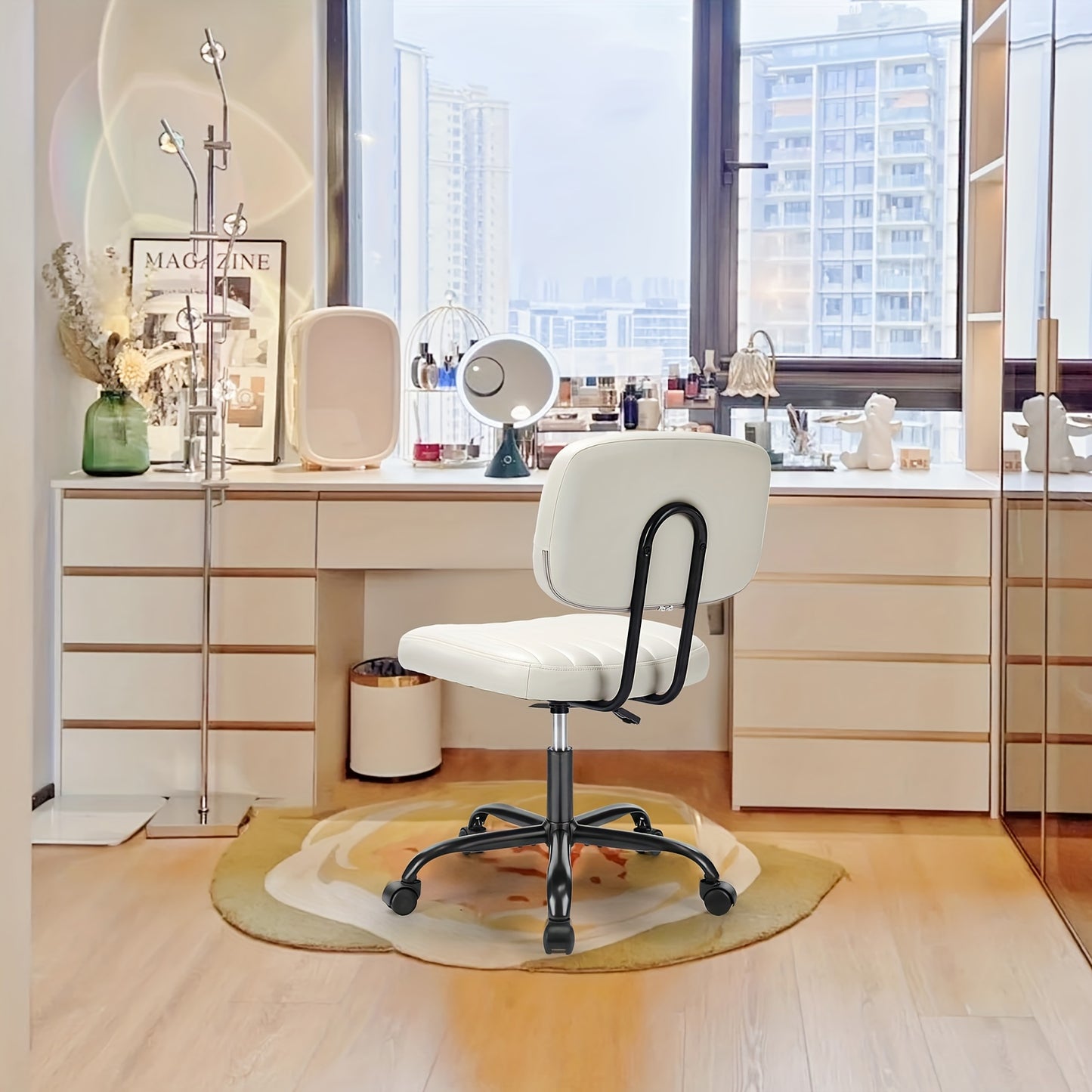 Armless Home Office Chair, Ergonomic Desk Chair with Wheels, Height Adjustable PU Leather, Comfy Low Back Lumbar Support - Beige White