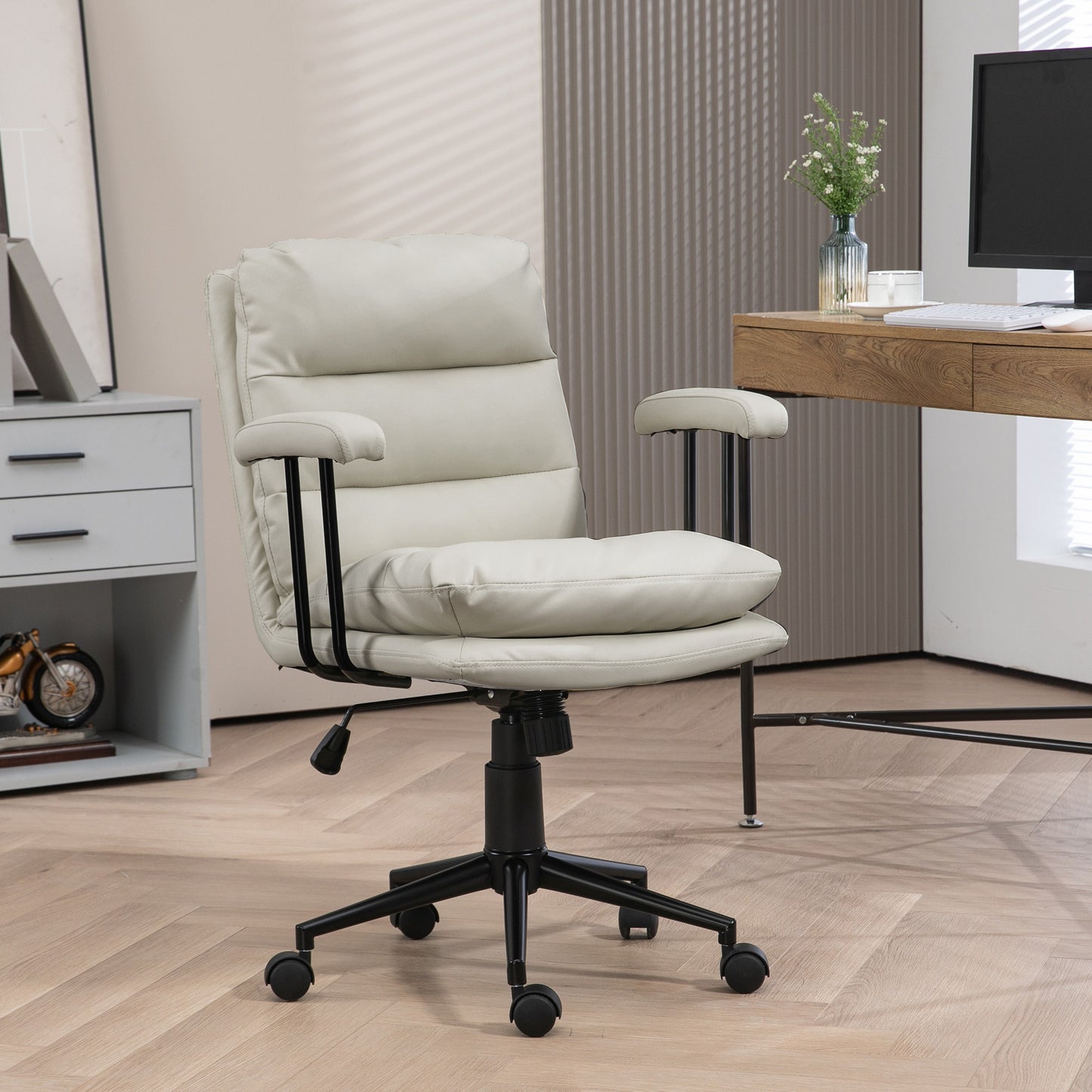 HOMCOM PU Leather Office Chair, Office Desk Chair, Task Computer Chair with Swivel Wheels, Adjustable Height, Double-tier Padded, Beige
