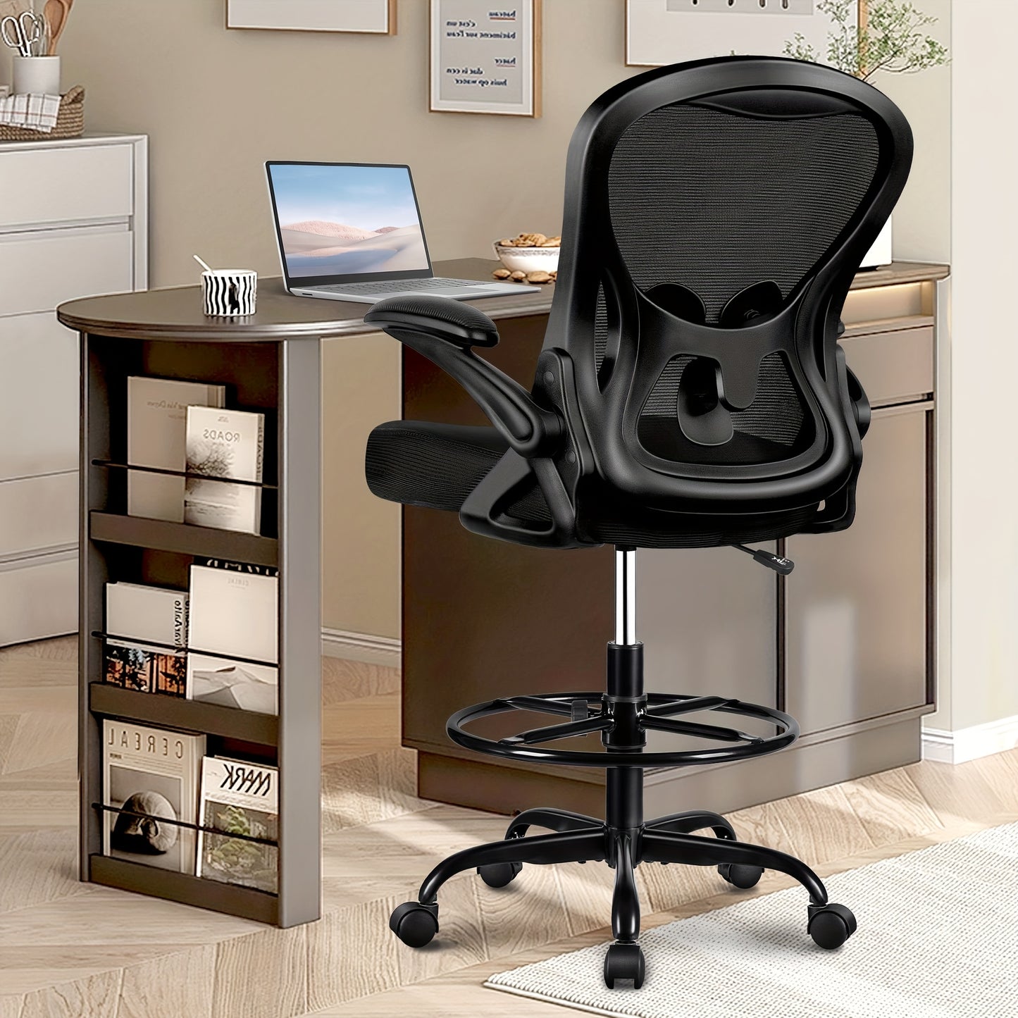 Actflame Drafting Chair Tall Office Chair With Flip-up Armrests Executive Ergonomic Computer Standing Desk Chair With Adjustable Lumbar Support And Adjustable Footrest Ring