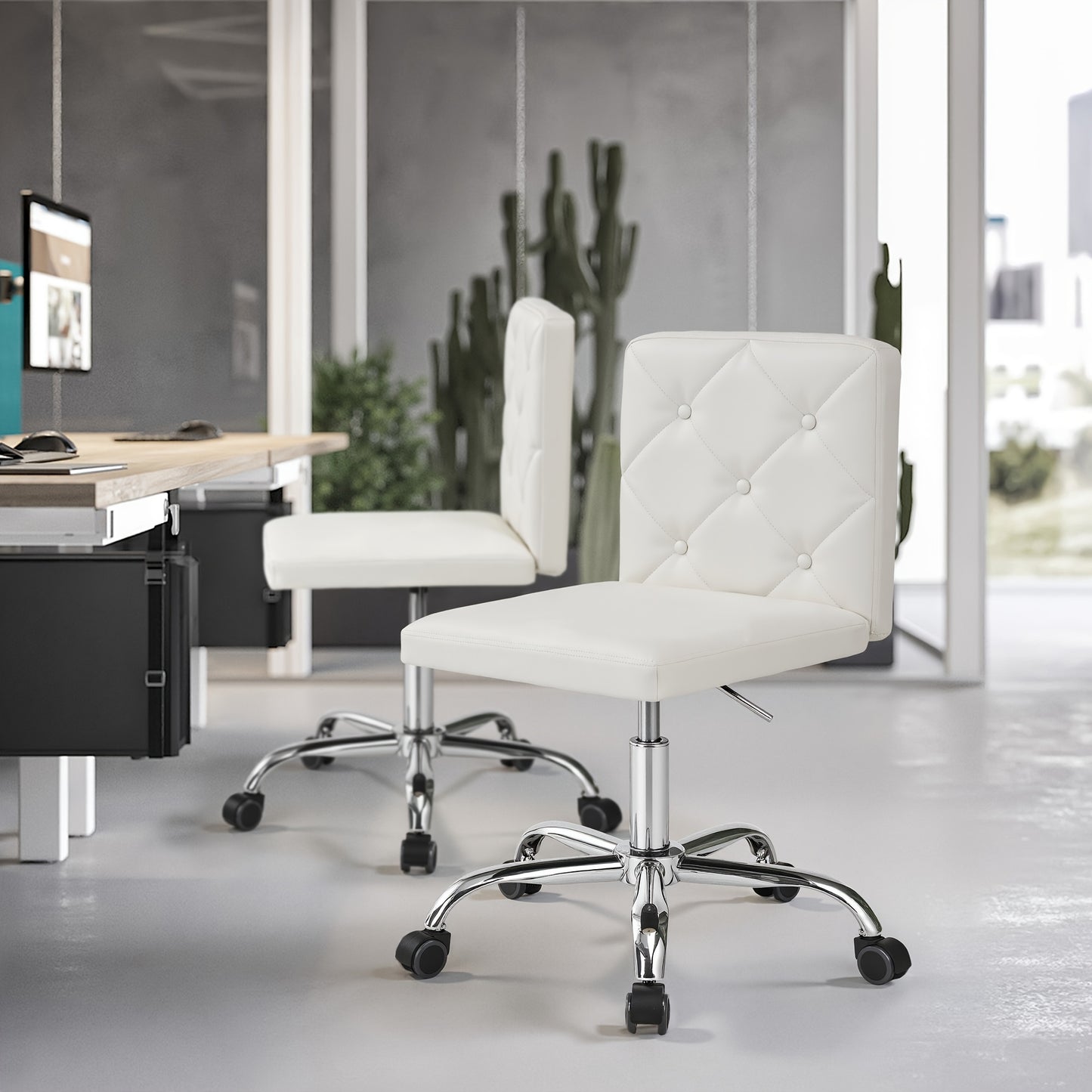 Set Of 1\u002F2 Faux Leather Mid-Back Armless Desk Chair, Adjustable Height 360° Rolling Swivel Office Chairs for Home Office Work