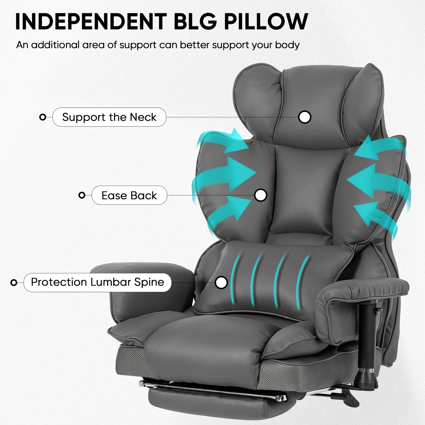 Ergonomic Big and Tall Office Chair, Reclining Gaming Chair with Thick Faux Leather Upholstery and Lumbar Support, Stainless Steel Frame, Rotating Mechanism for Hard Floors - Ideal for Home Office, Computer Desk Chair, Comfy
