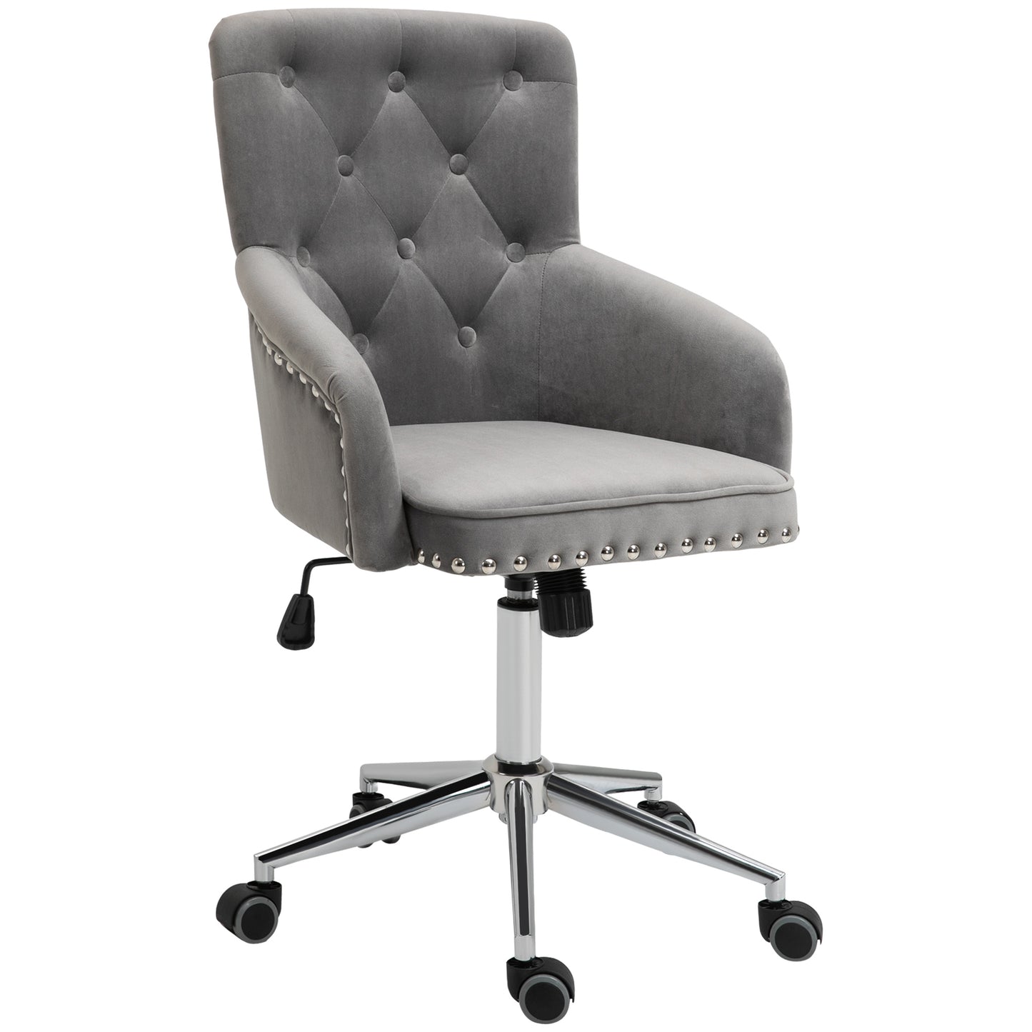 HOMCOM Modern Mid-back Desk Chair with Button Tufted Velvet Back, Nailhead Trim, Swivel Home Office Chair with Adjustable Height, Curved Padded Armrests, Black