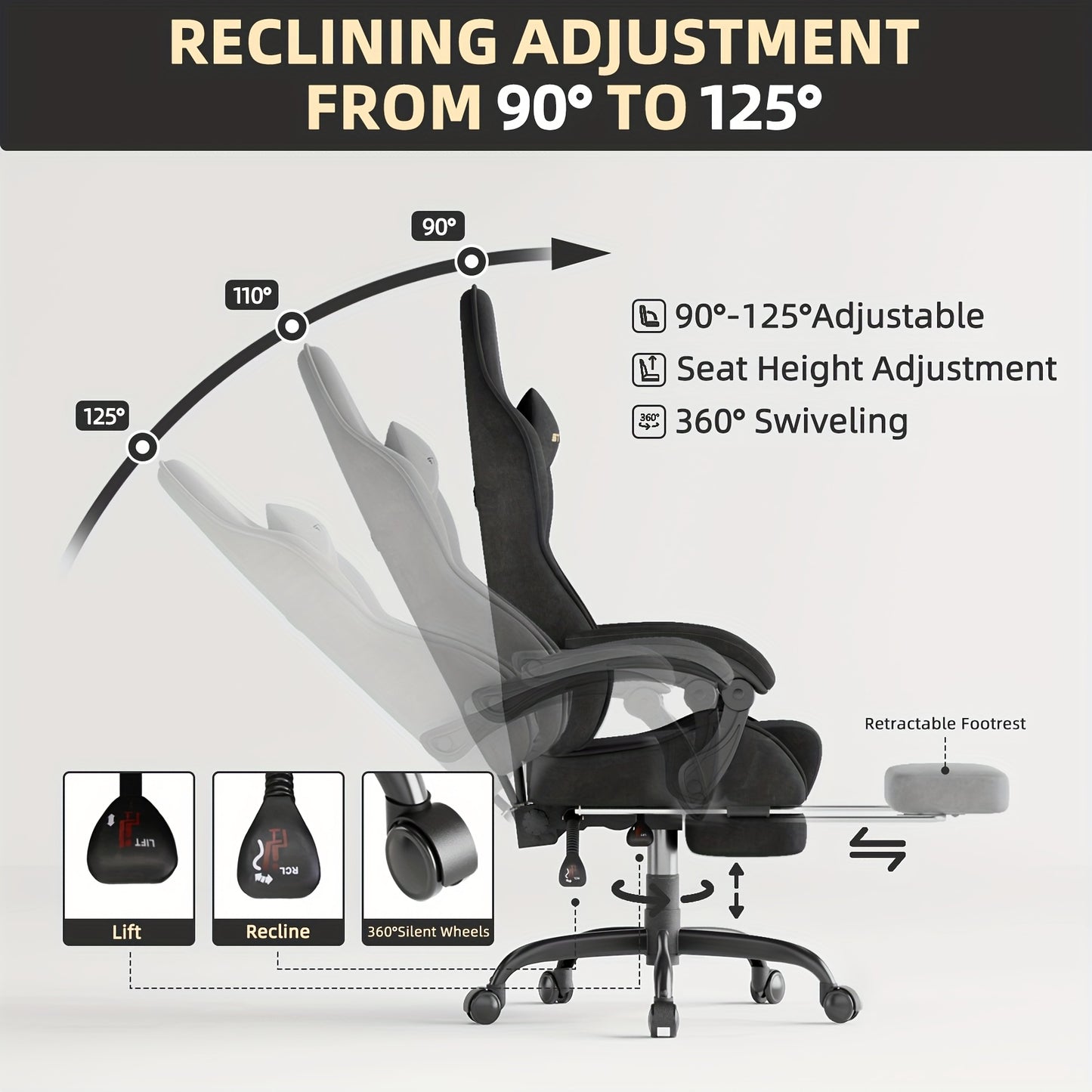 Velvet Fabric Gaming Chair, High Back Ergonomic Gamer Chair for Adult, Comfortable Video Game Chair with Footrest And Massage Lumbar Cushion