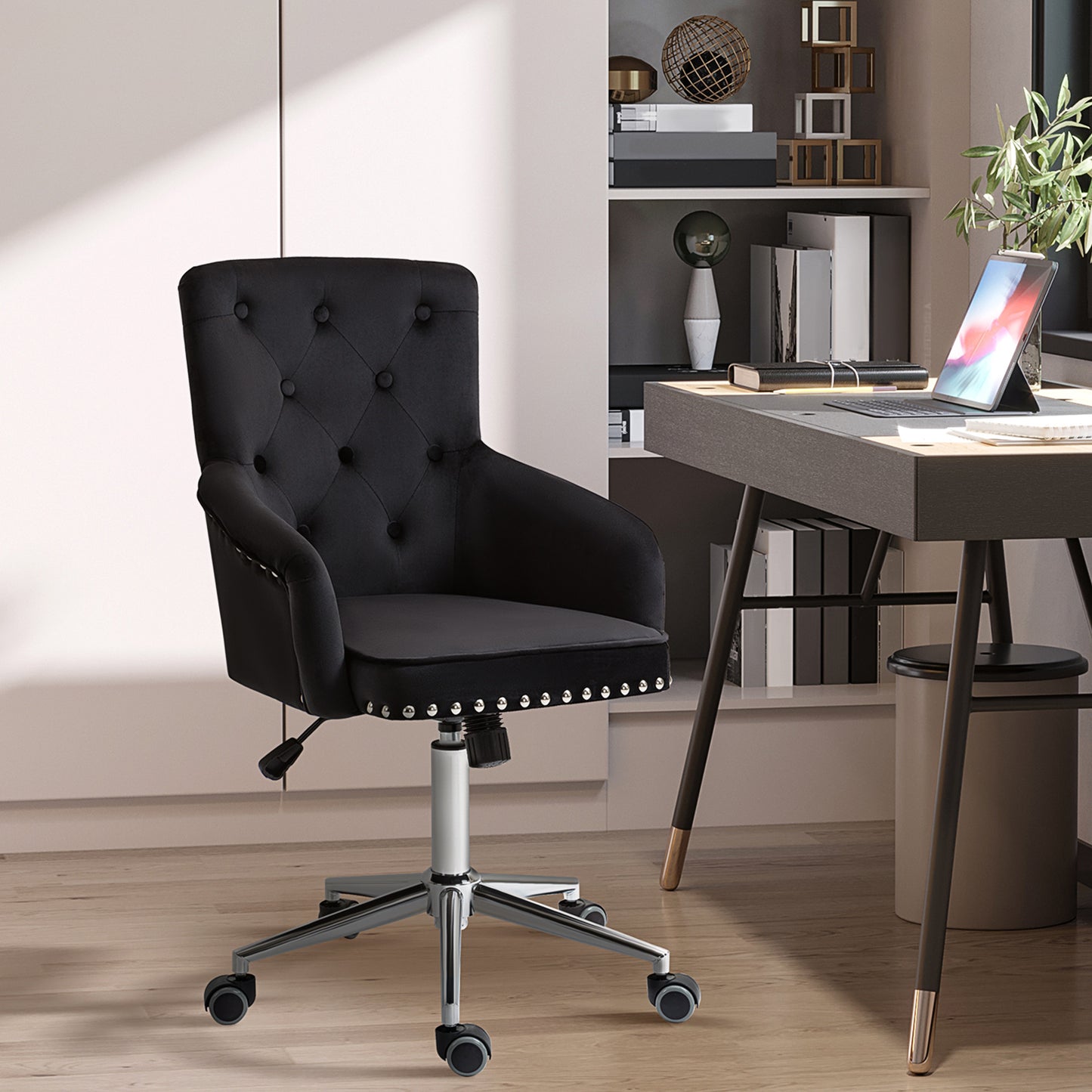 HOMCOM Modern Mid-back Desk Chair with Button Tufted Velvet Back, Nailhead Trim, Swivel Home Office Chair with Adjustable Height, Curved Padded Armrests, Black