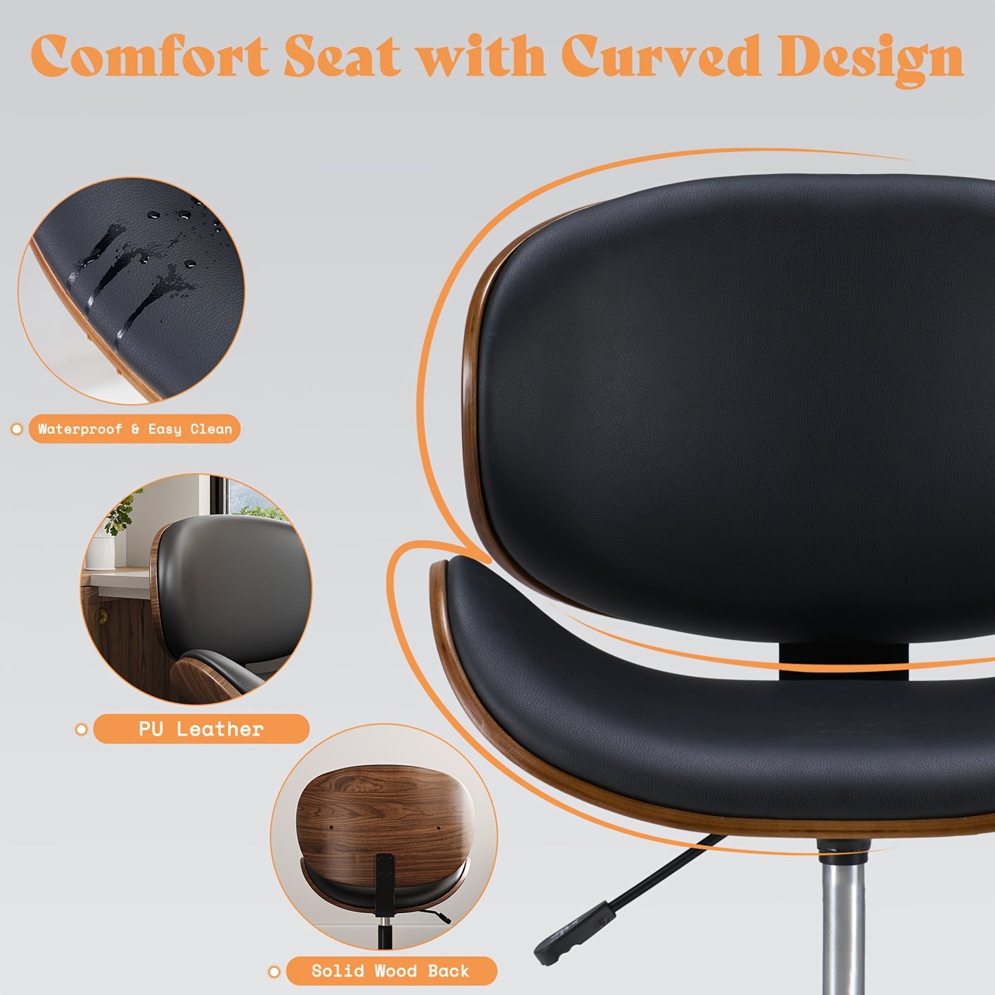 Ergonomic Home Office Desk Chair: Modern Mid-Century Armless Design With PU Leather, Bentwood, 360° Swivel Wheels, Adjustable Seat Height For Office, Study, Bedroom