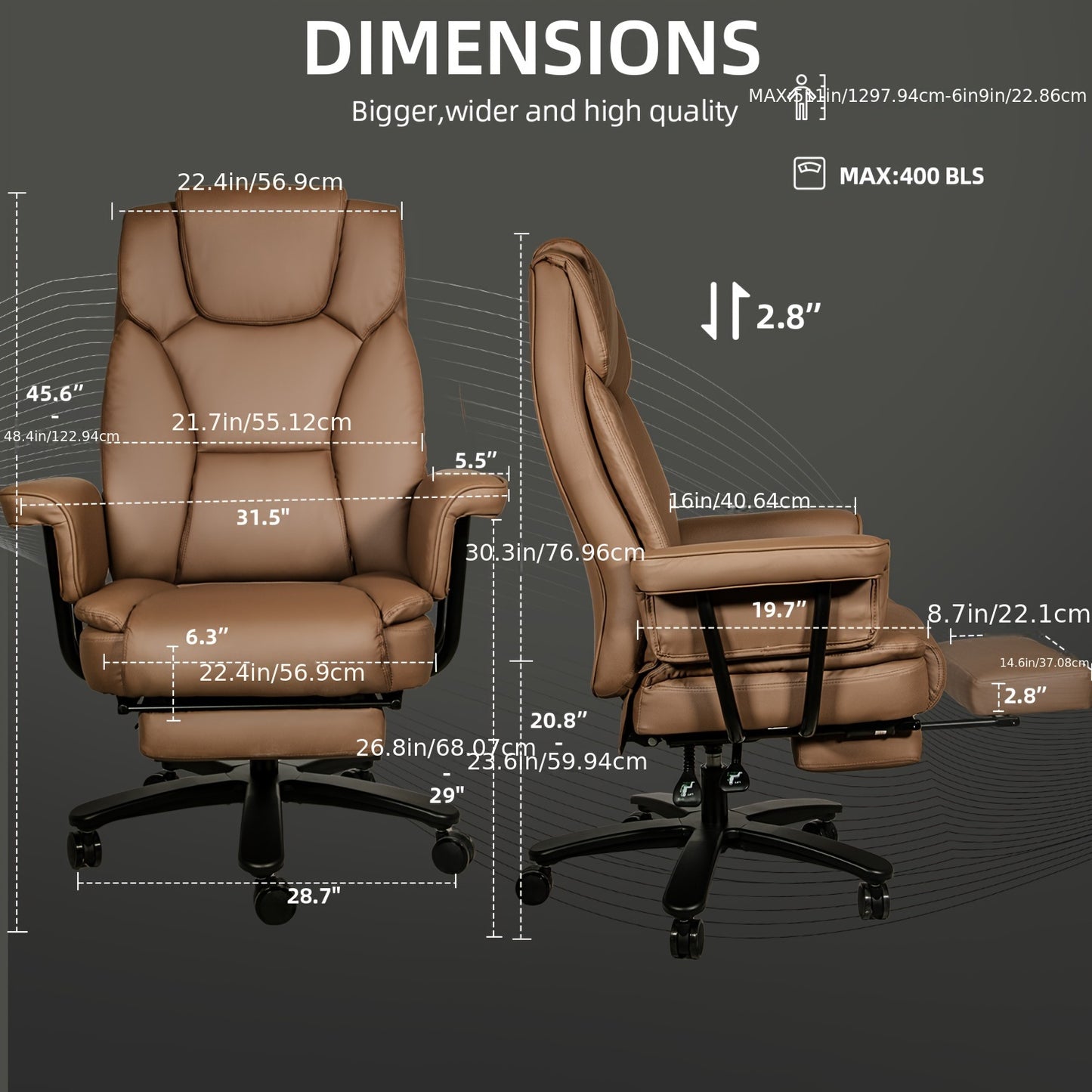 Big and Tall Office Chair 400LBS with Wide Seat and Arms, 160° Reclining Office Chair with Footrest, Comfortable Executive Office Desk Chair High Back, Computer Chair Home Office