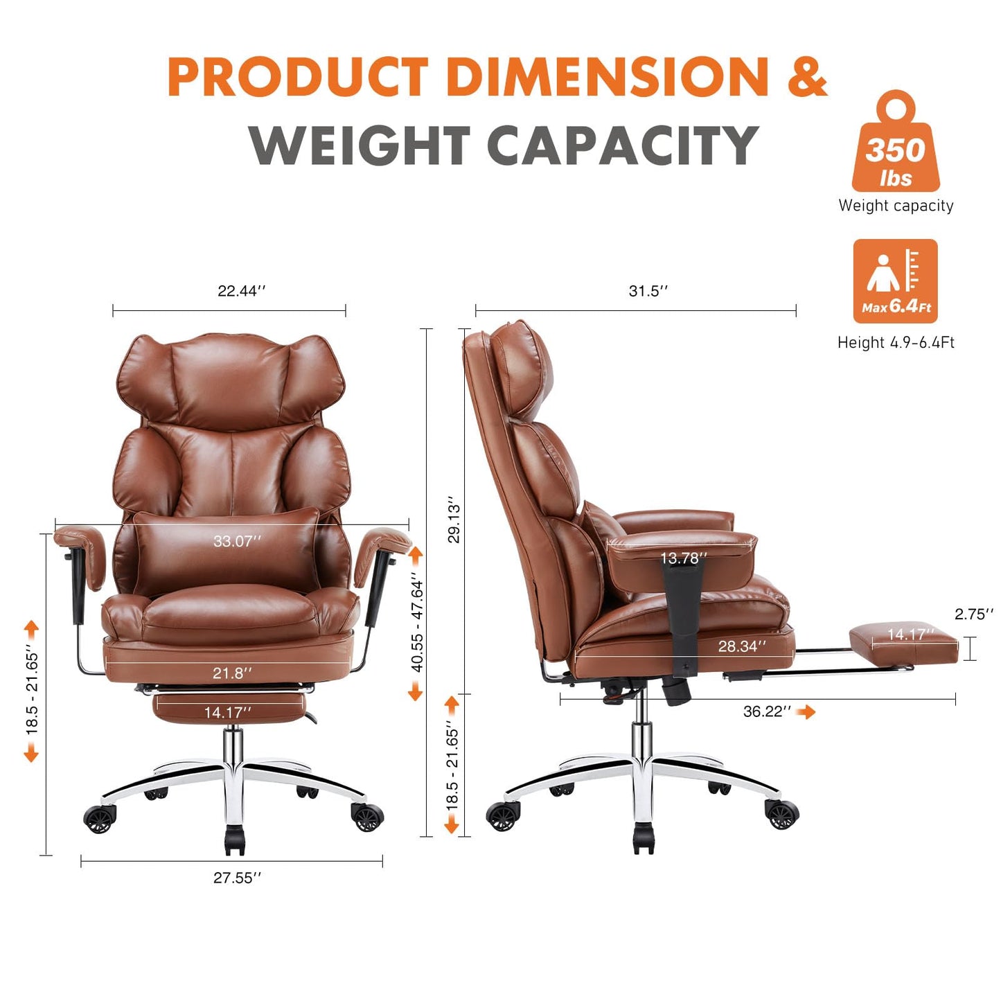 Home Office High Back Reclining Desk Chair with Footrest, Big and Tall Adjustable Height PU Leather Executive Computer Task Chair with Leg Rest and Lumbar Support, Armrest, White, Brown, Black