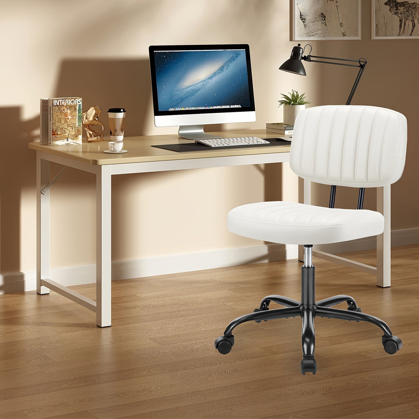 Armless Home Office Chair, Ergonomic Desk Chair with Wheels, Height Adjustable PU Leather, Comfy Low Back Lumbar Support - Beige White