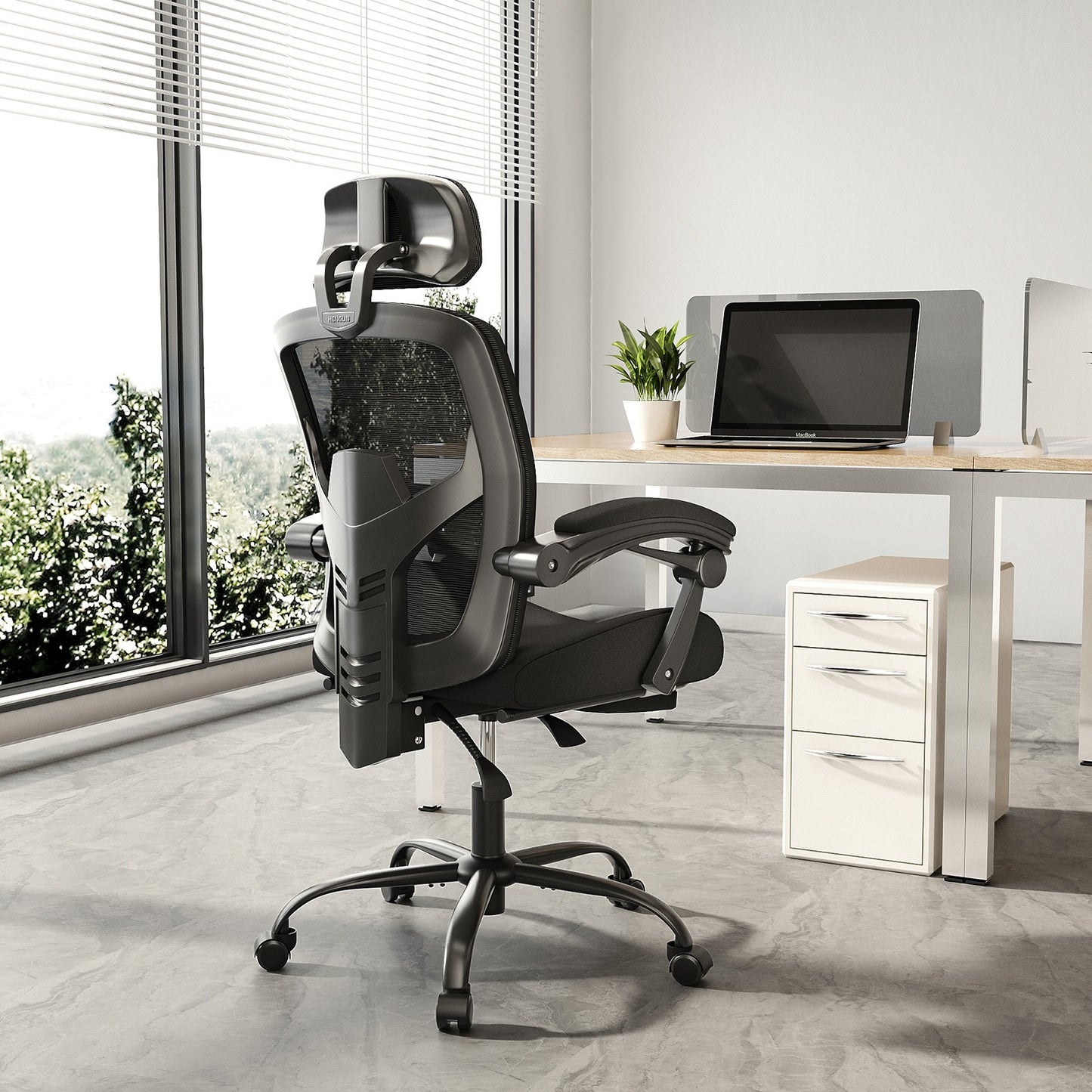 Home Office Desk Chair with Footrest and Headrest, High-Back Mesh Rolling Swivel Reclining Chairs with Wheels, Comfortable Headrest, Lumbar Support, Comfy Arms for Home, Office, Gaming, Student