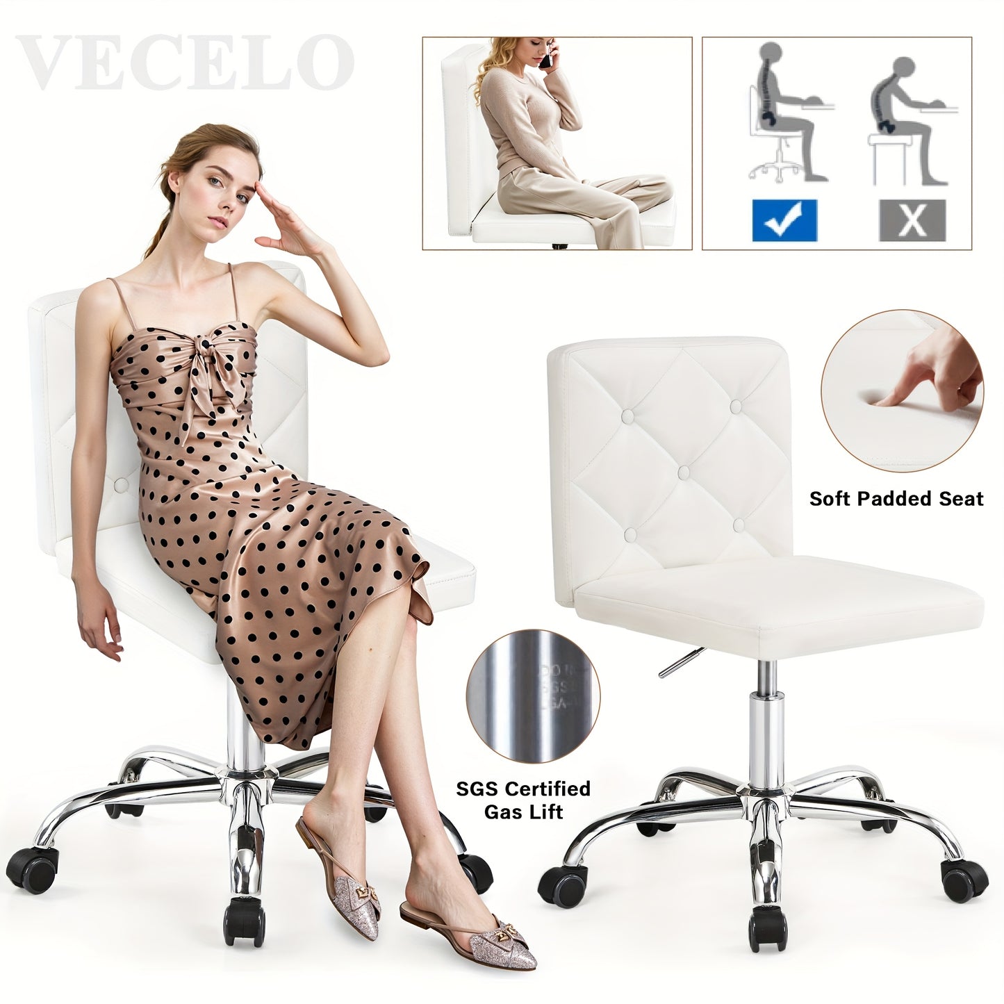 Set Of 1\u002F2 Faux Leather Mid-Back Armless Desk Chair, Adjustable Height 360° Rolling Swivel Office Chairs for Home Office Work