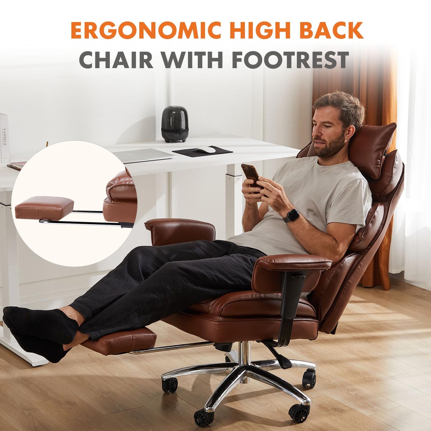 Home Office High Back Reclining Desk Chair with Footrest, Big and Tall Adjustable Height PU Leather Executive Computer Task Chair with Leg Rest and Lumbar Support, Armrest, White, Brown, Black