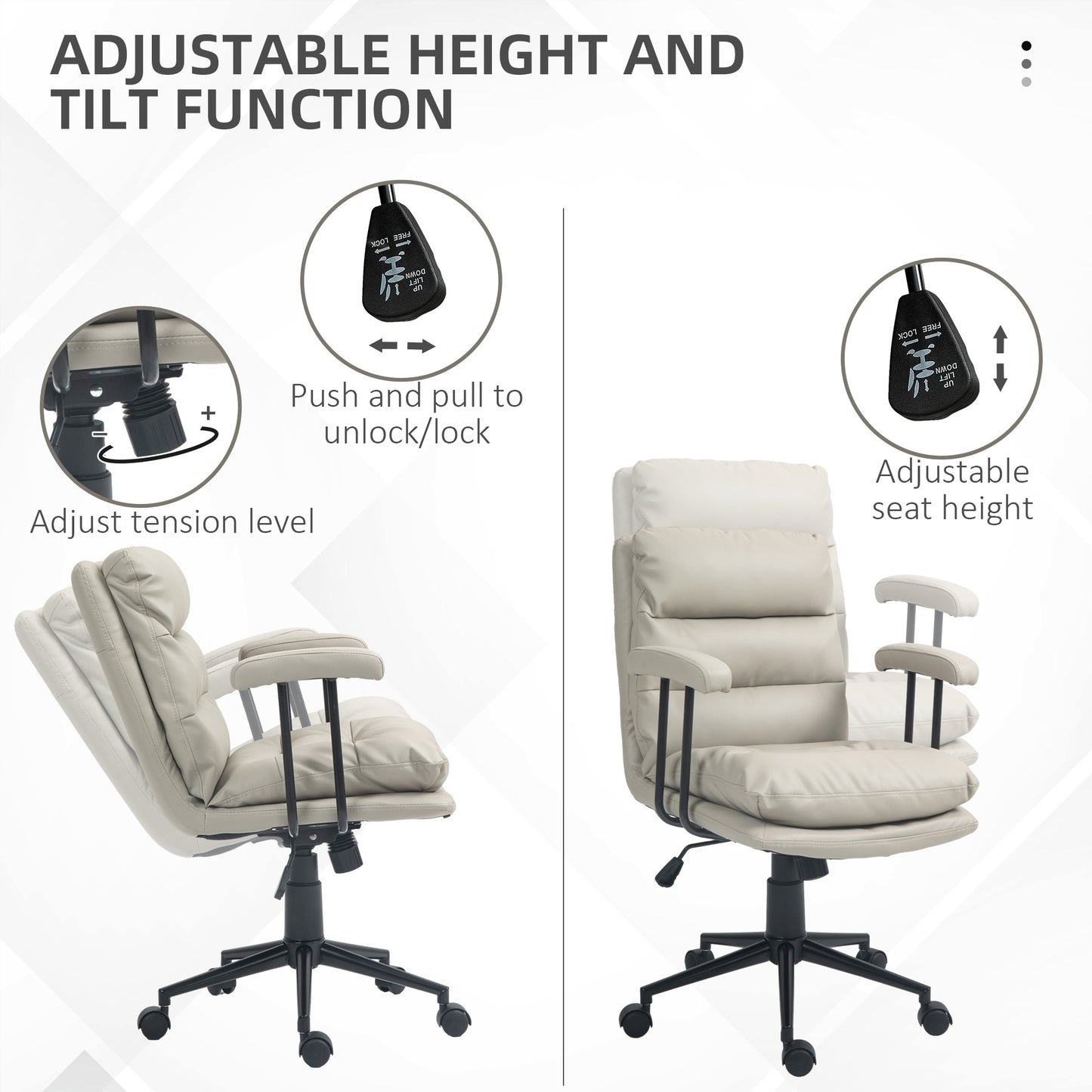 HOMCOM PU Leather Office Chair, Office Desk Chair, Task Computer Chair with Swivel Wheels, Adjustable Height, Double-tier Padded, Beige