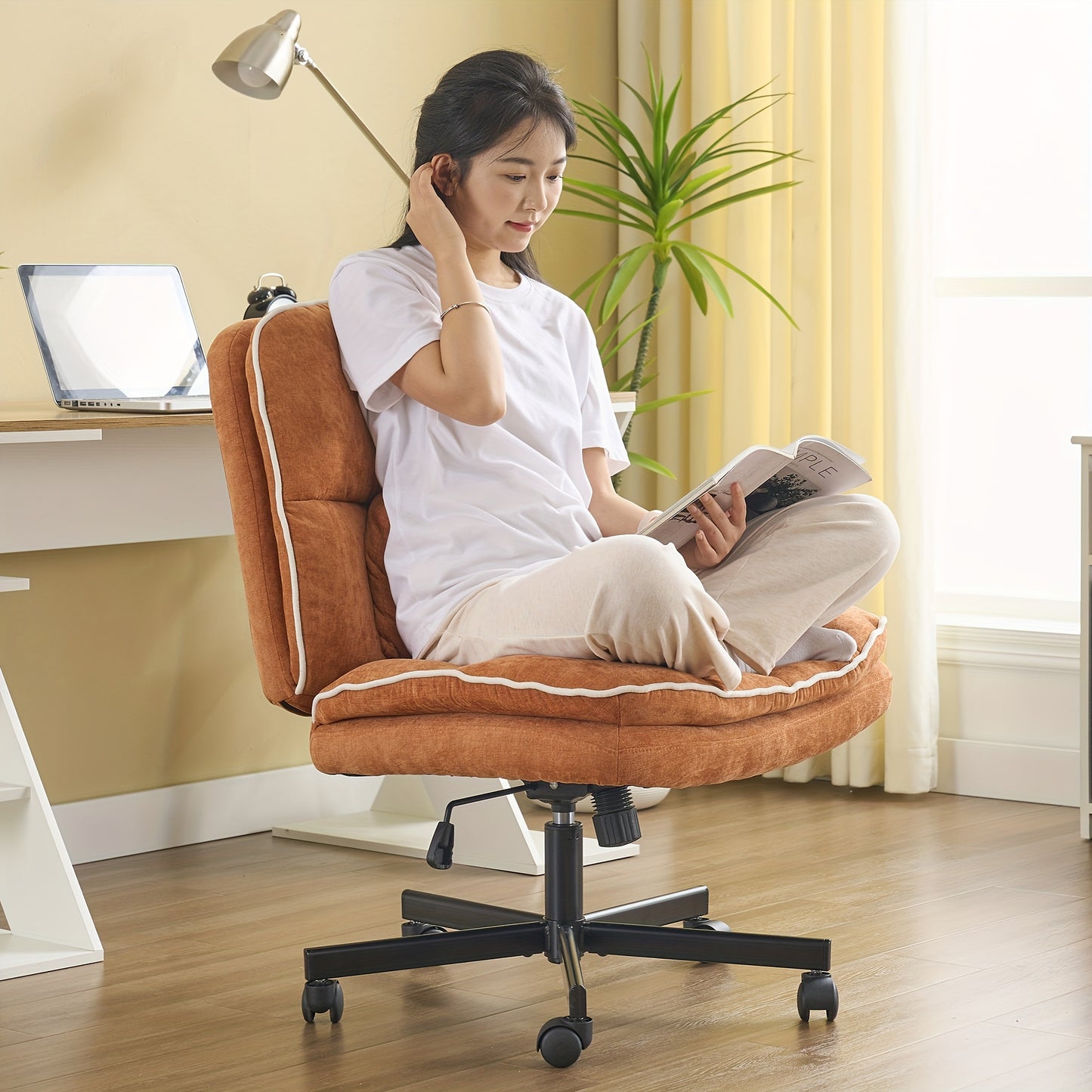Armless Office Chair, Criss Cross Legged Desk Chair With Wheels, Modern Home Office Desk Chair With Thickened Cushion, Height Adjustable Swivel Fabric Computer Chair