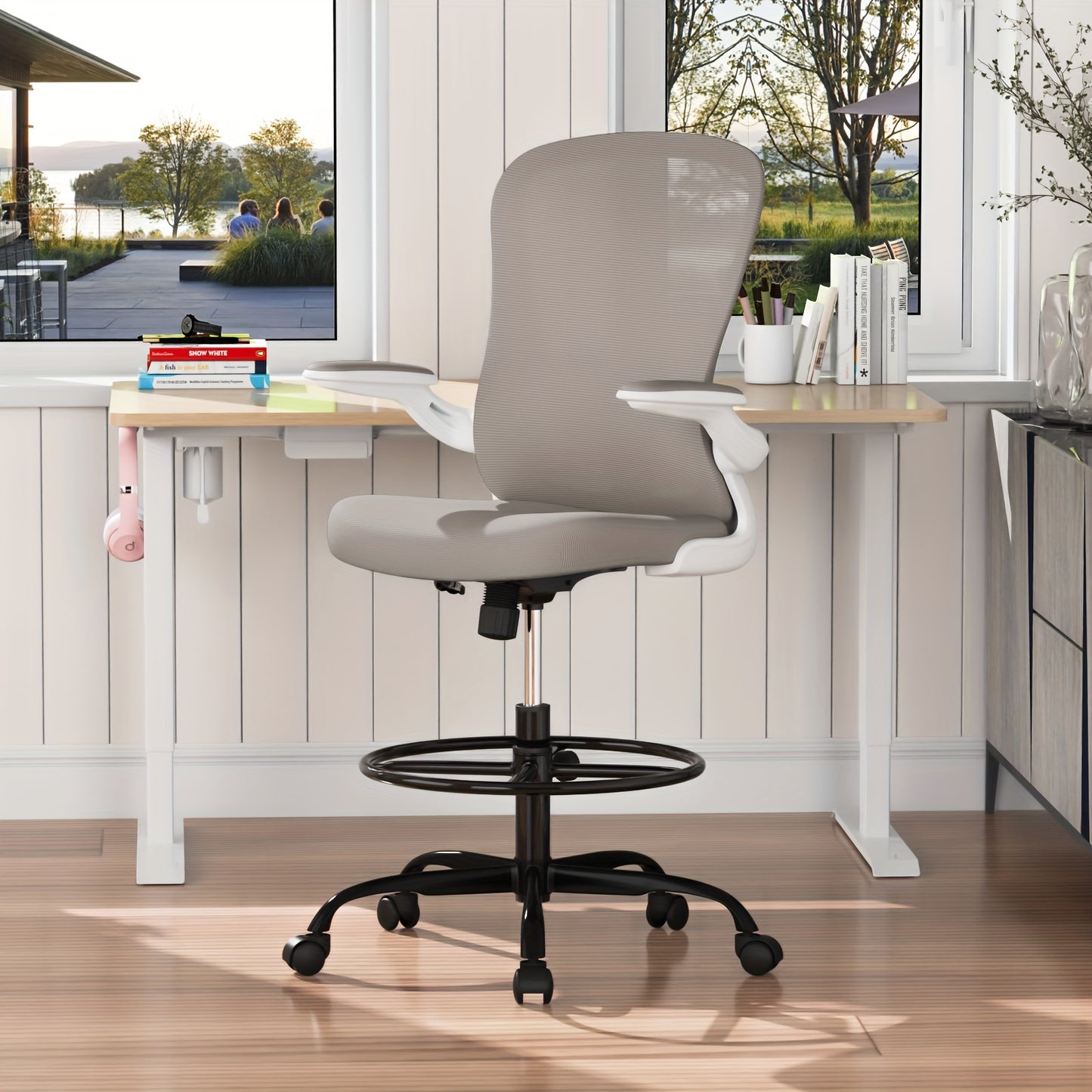 Drafting Chair, Tall Office Chair with Flip-up Armrests Executive Ergonomic Computer Standing Desk Chair, Office Drafting Chair with Lumbar Support and Adjustable Footrest Ring
