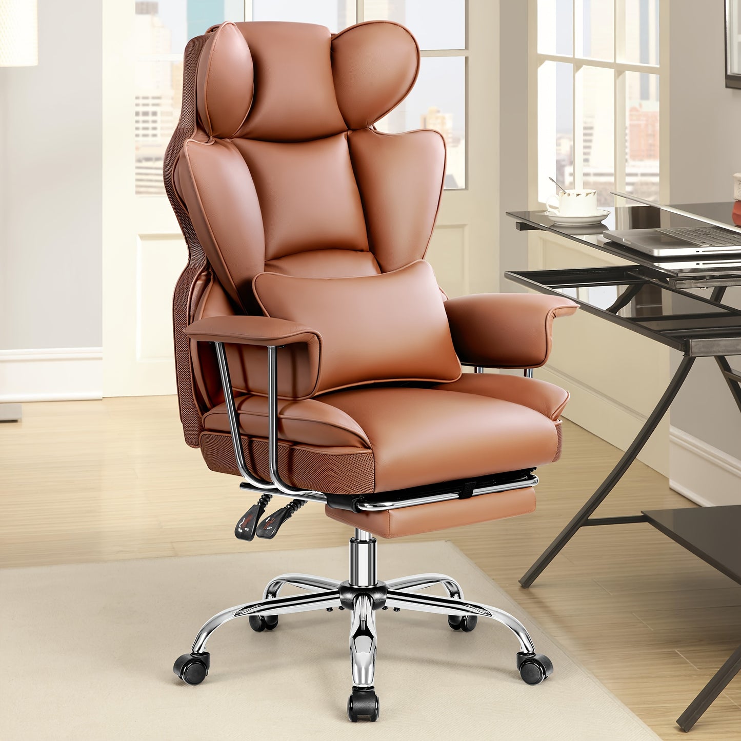 KERDOM Office Desk Chair, Big & Tall Executive Office Chair With Footrest, Beautiful PU Leather Computer Chair, Ergonomic Reclining Chair High Back With Lumbar Support, Large Home Office Chair With Pillow Soft White Leather Chair Christmas Gift Chair