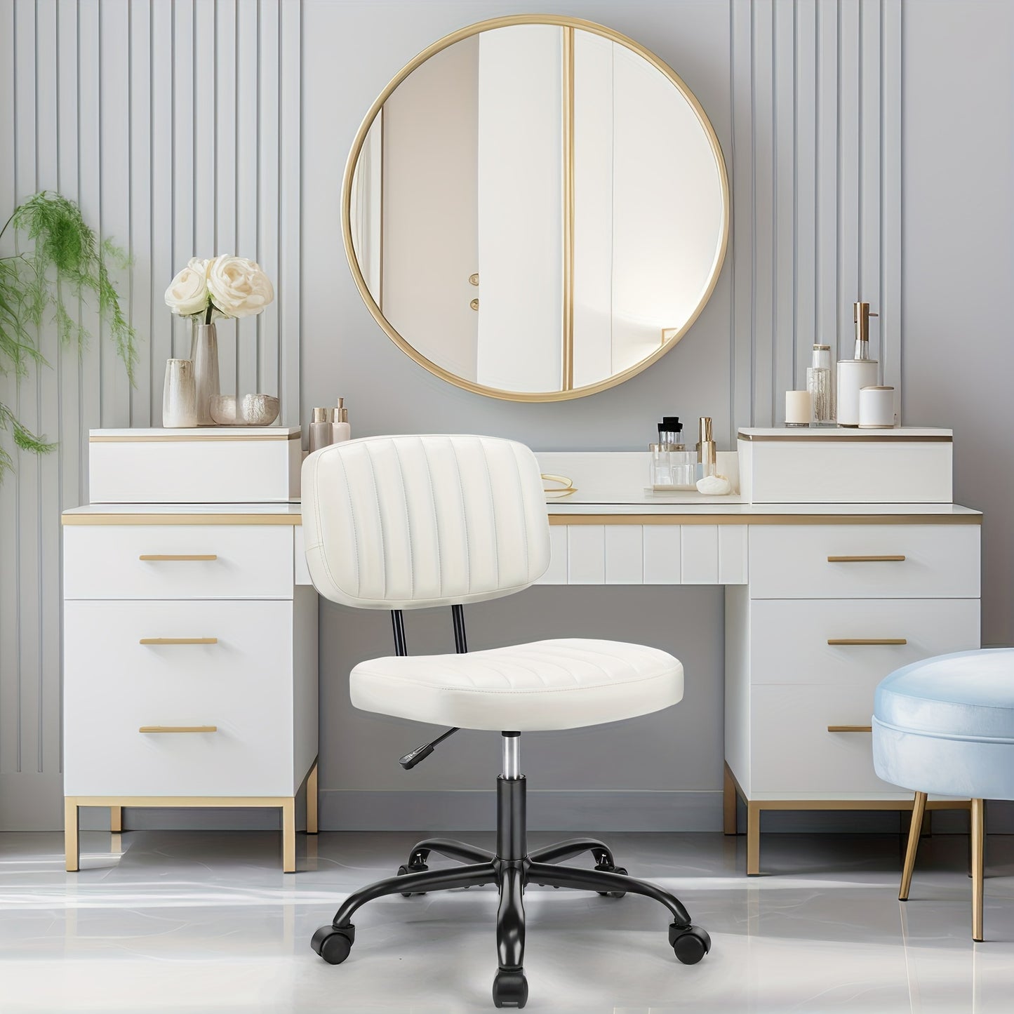 Edx Armless Home Office Chair Ergonomic Desk With Comfy Low Back Lumbar Support, Height Adjustable PU Leather Computer Task With 360° Swivel Wheels, For Small Space
