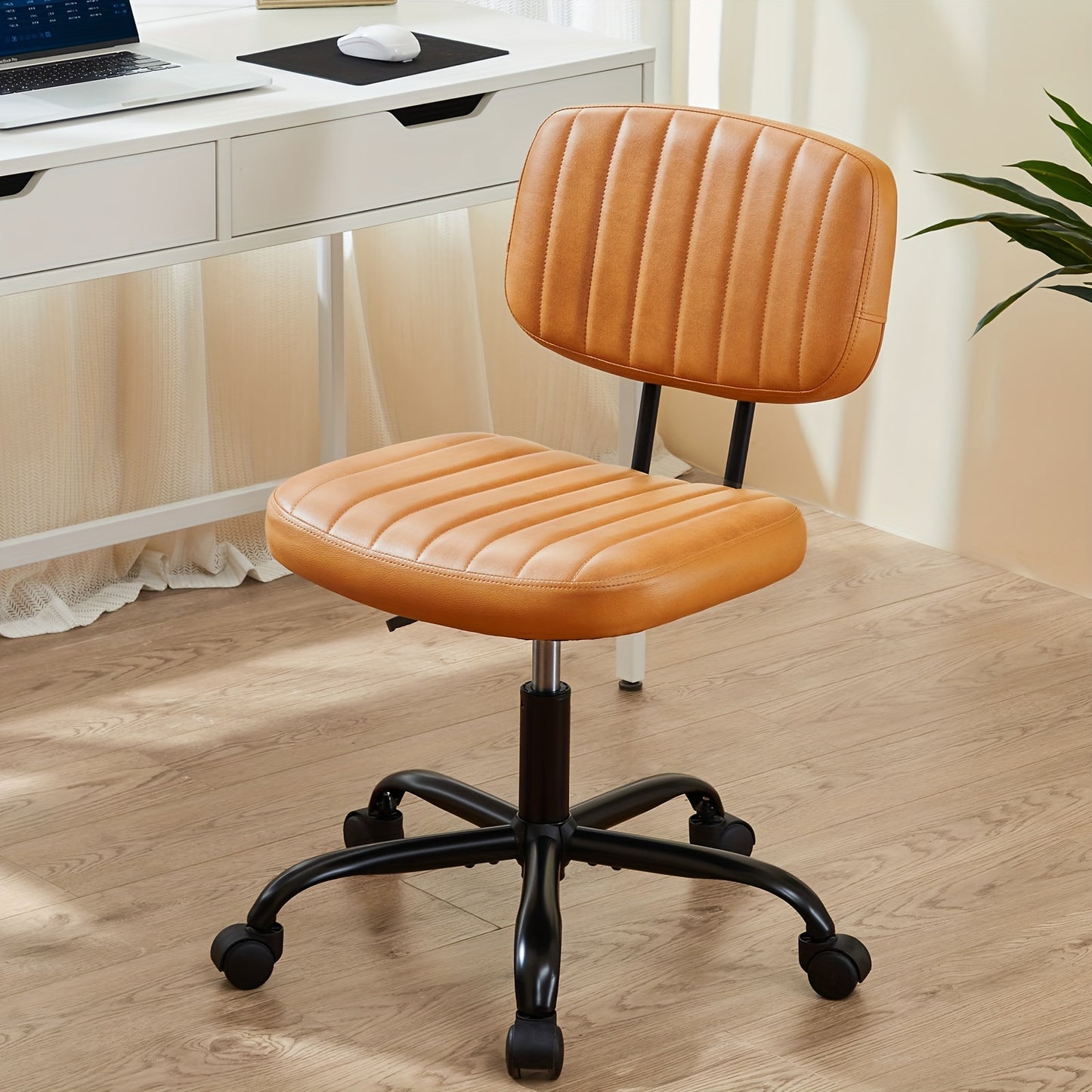 Idle Way Compact PU Leather Office Chair with Lumbar Support- Stylish Armless Swivel Task Chair on Wheels for Home Office and Study- Comfortable and Functional
