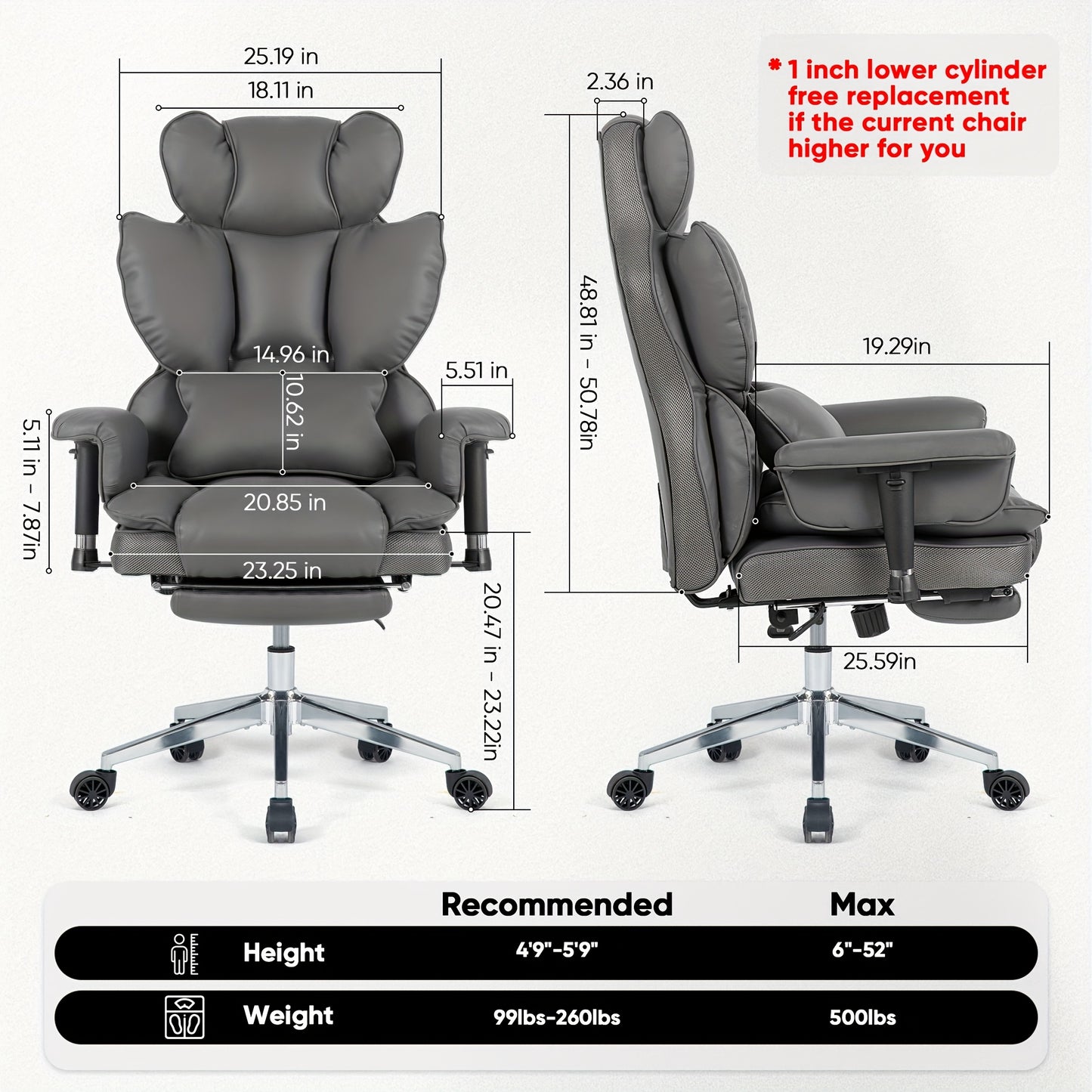 Ergonomic Big and Tall Office Chair, Reclining Gaming Chair with Thick Faux Leather Upholstery and Lumbar Support, Stainless Steel Frame, Rotating Mechanism for Hard Floors - Ideal for Home Office, Computer Desk Chair, Comfy
