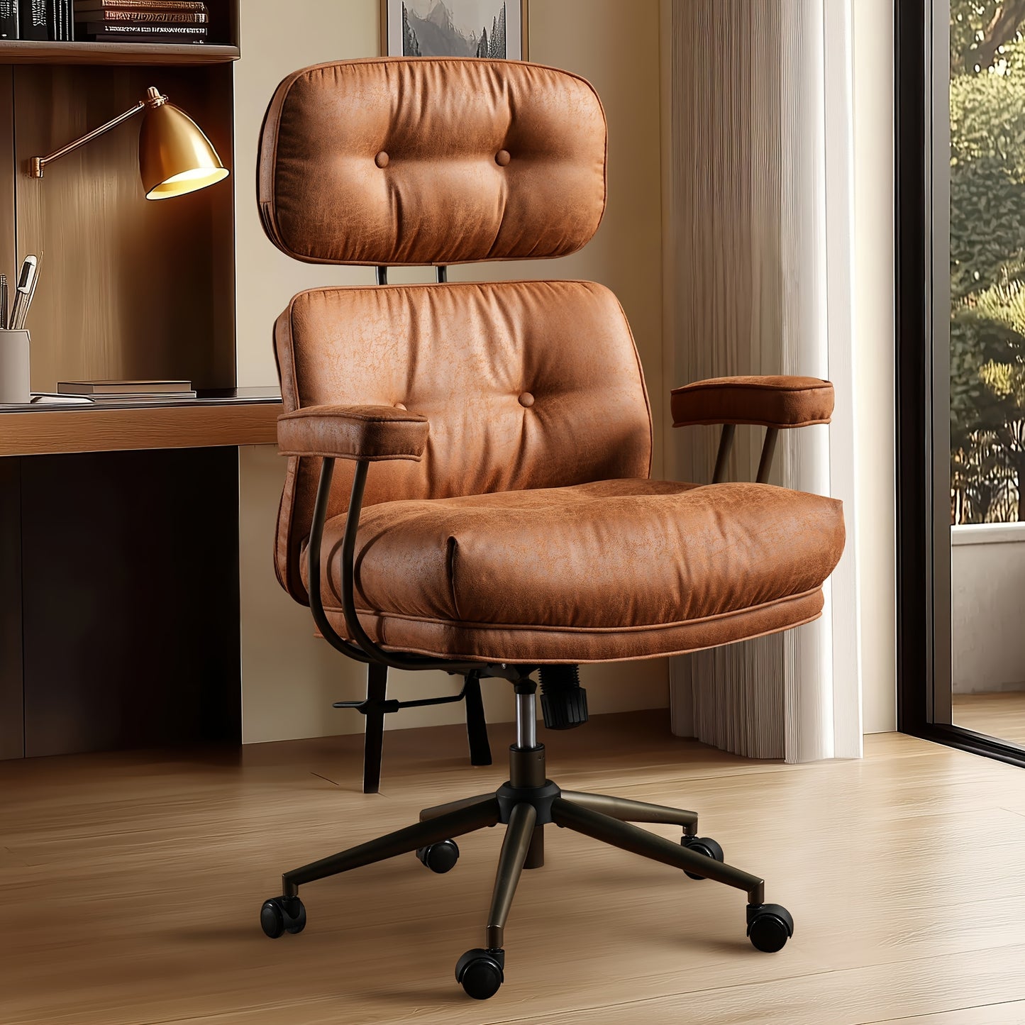 Elegant Style | Ergonomic Mid-Century Modern Suede Office Chair, High Back Adjustable Desk Chair with Padded Armrests and Lumbar Support, Stylish Executive Chair for Home Office, Brown Faux Leather-Like Finish with Metal Frame, HOOOWOOO