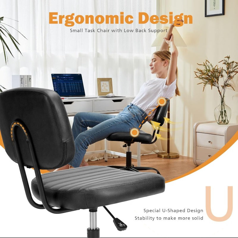 Small Office Desk Chair with Wheels Armless Comfy Computer Chair with Lumbar Support PU Leather Low Back Adjustable Height 360° Rolling Swivel Task Chair Without Arm for Home Bedroom