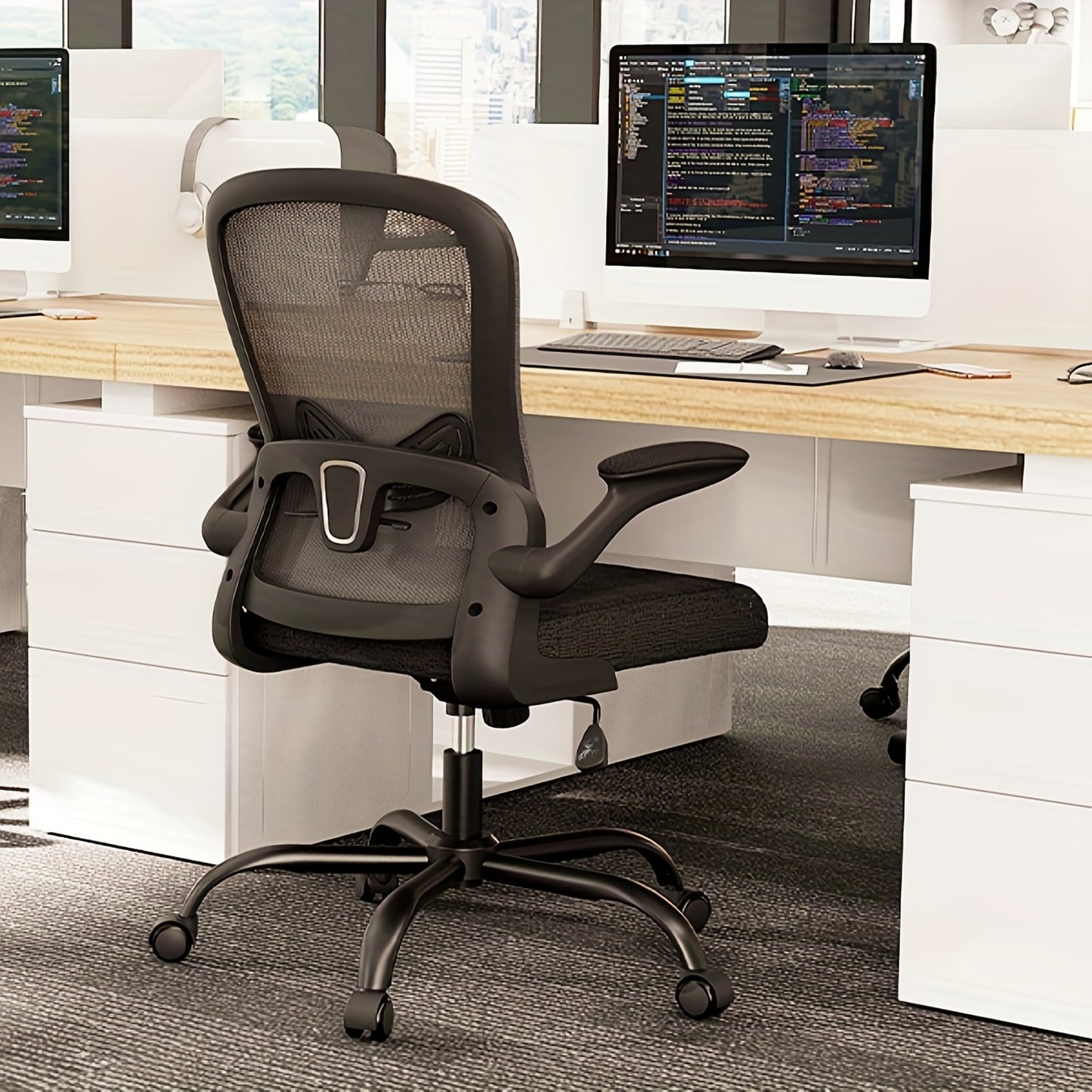 Ergonomic Office Chair, High Back Mesh Wide Seat, Gas Spring Double Monitor Stand, 3 Height Levels Under Desk Footrest, Perfect Match For Office With Multiple Choices.