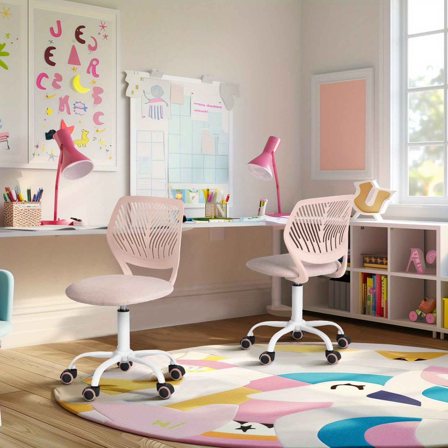 Homy Casa Pink Fabric Chair, Ergonomic Backrest, Thick Padded Seat, Swivel & Height Adjustable, Mobile Design for Home Office or Workspaces