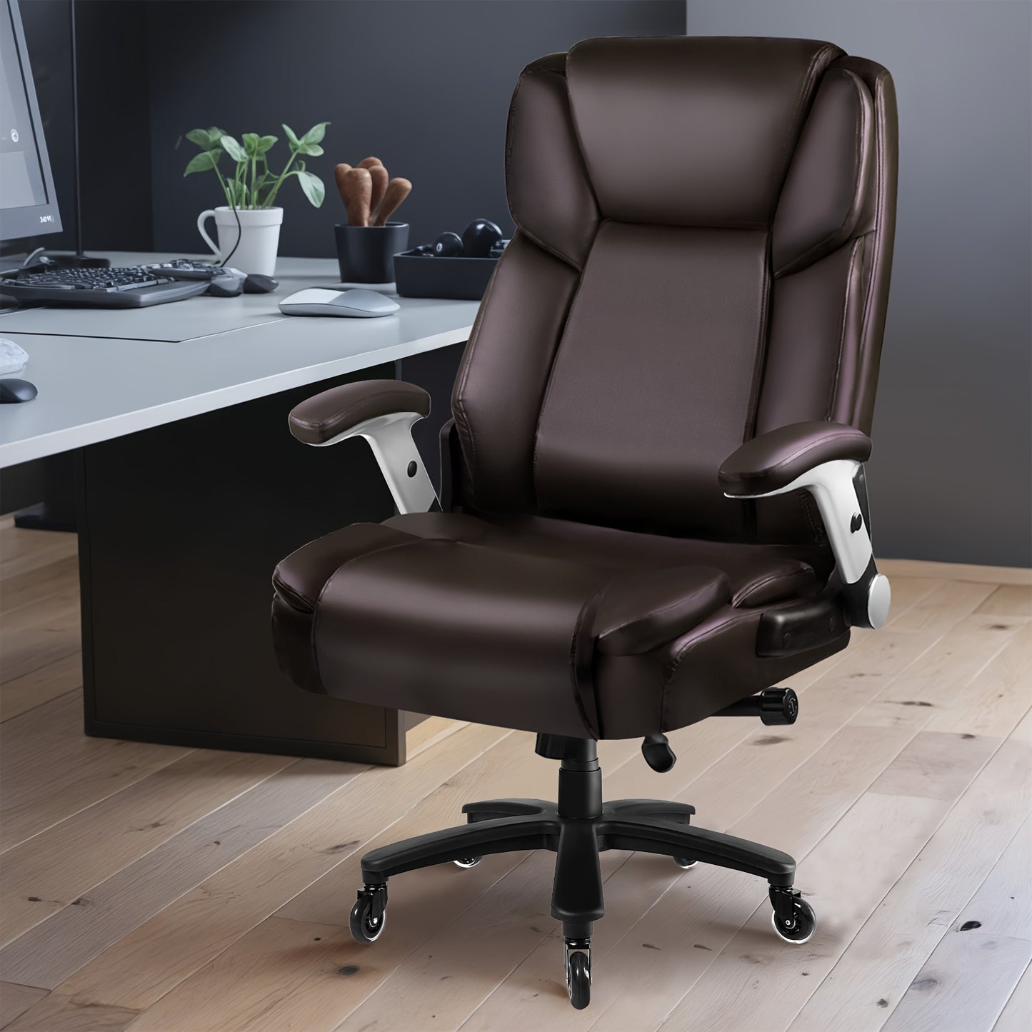 Big And Tall Office Chair 600lbs, Heavy Duty Executive Office Chair for Heavy People, Brown High Back Faux Leather Ergonomic Office Chair with Adjustable Armrests And Lumbar Support for Computer Desk Chair